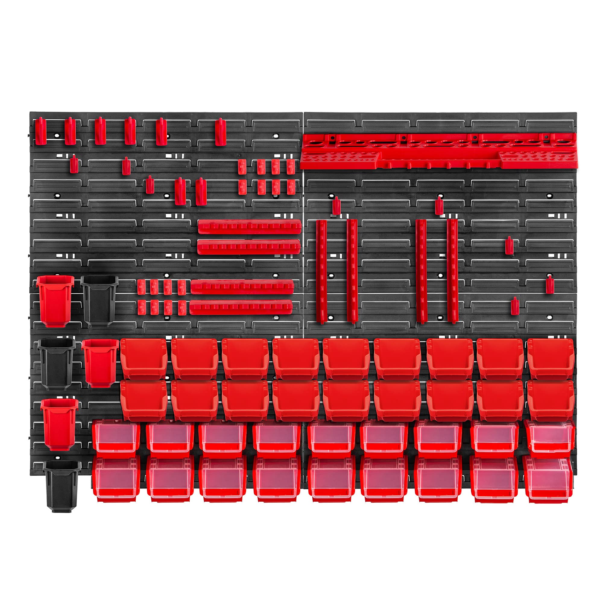 KADAX Estantería de pared para taller, 116 x 78 cm, sistema de almacenamiento de plástico resistente, resistente a los rayos UV, paneles de pared ampliables, estantería a granel (rojo, 83 piezas)