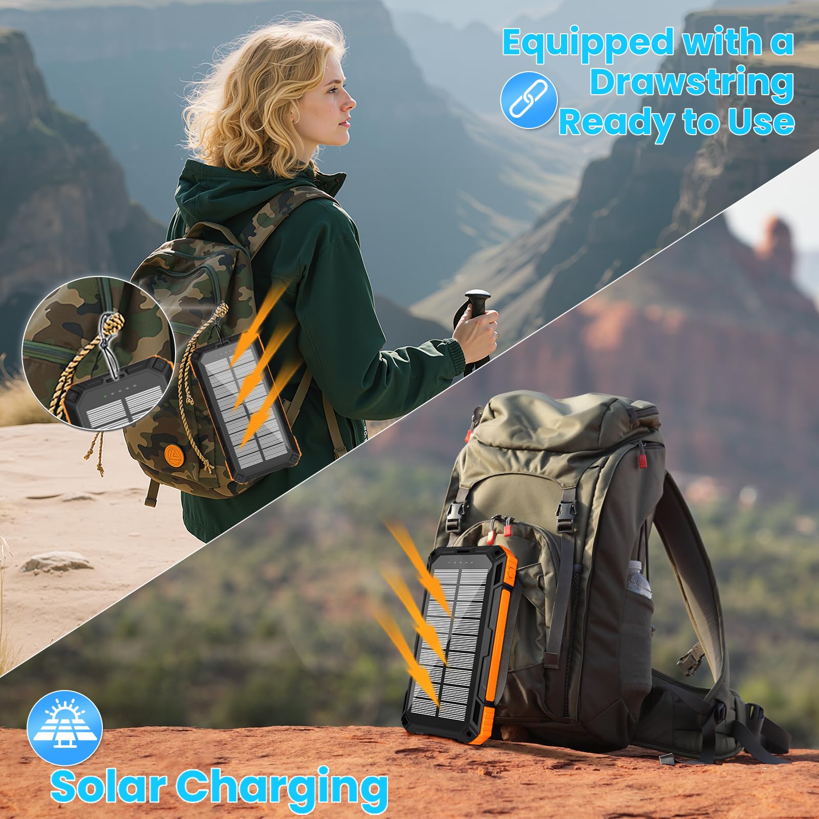 Solar Power Bank 49800 mAh - Caricabatterie portatile wireless 15 W Ricarica rapida con 4 cavi integrati. Dotato di una potente torcia, IP65, power bank impermeabile per esterni, perfetto per