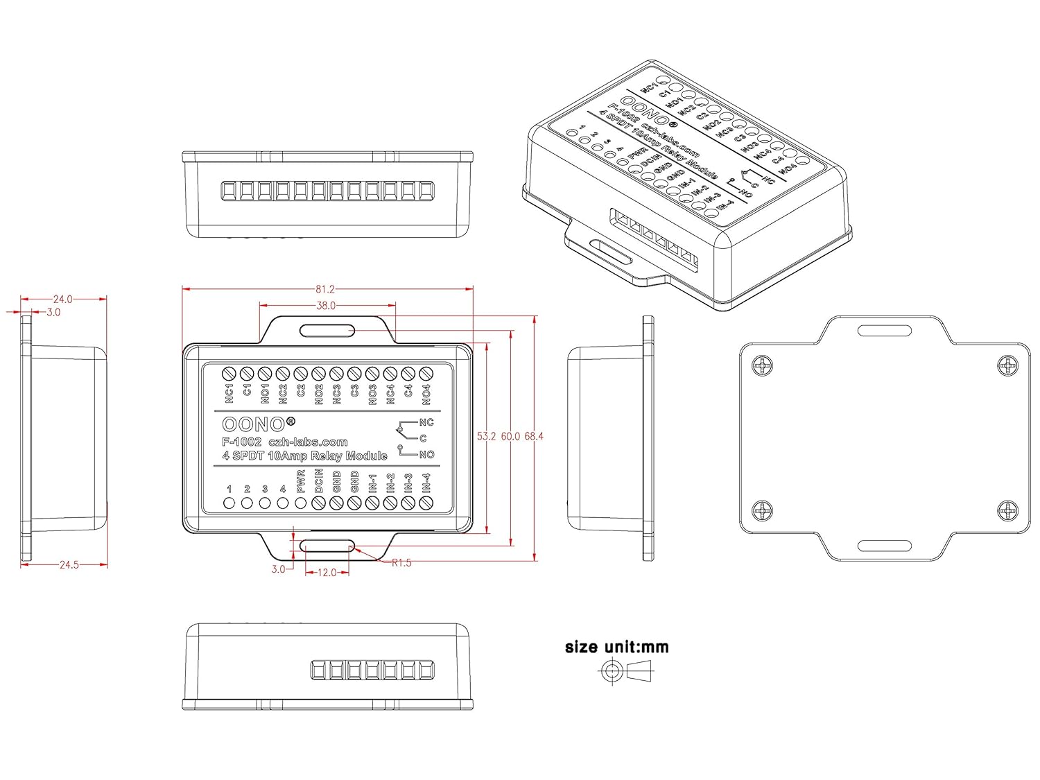 Dimensional drawing of the OONO 4 SPDT 10Amp Power Relay Module, showing measurements and mounting holes.