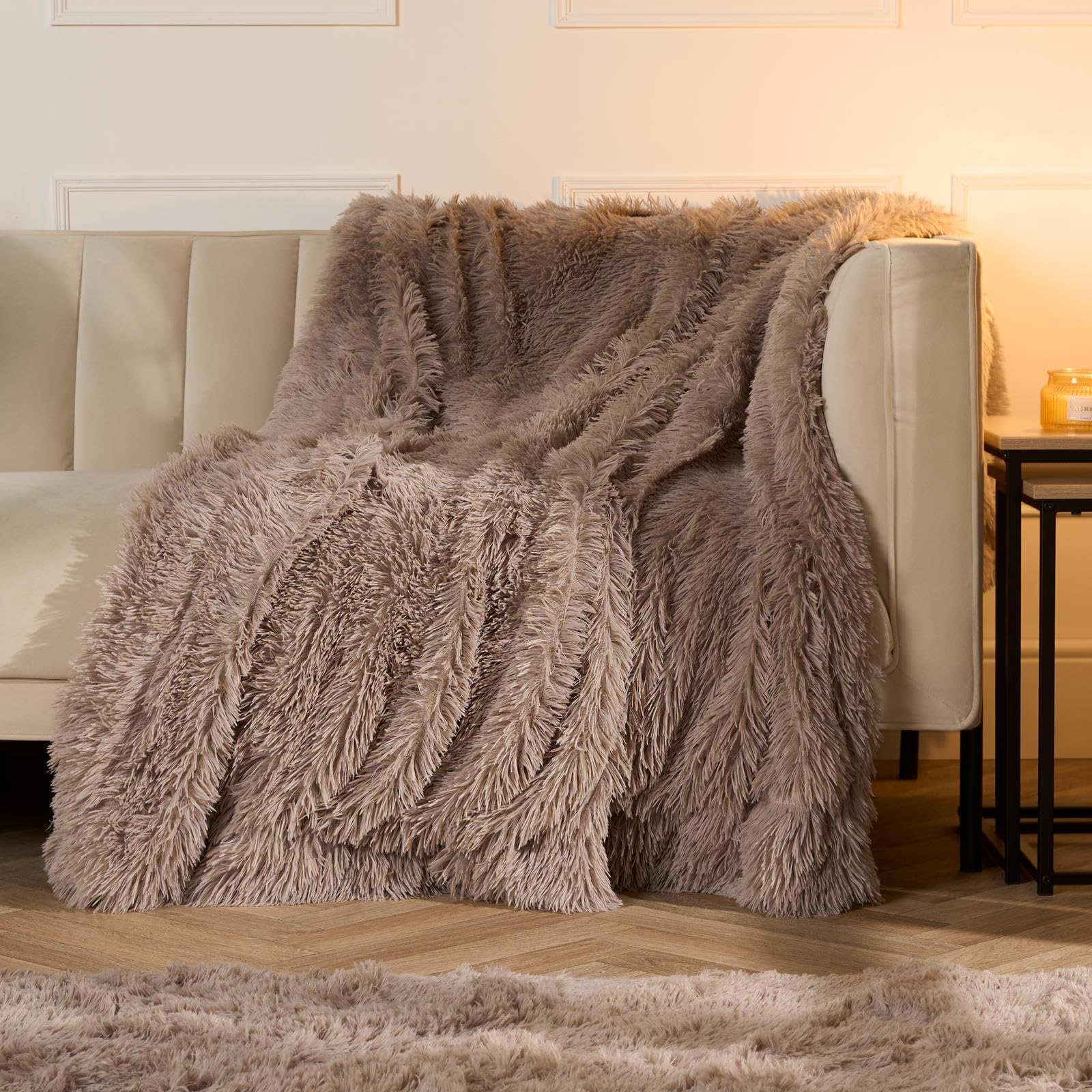 OHS Fluffy Fleece Throw Blanket, Ultra Soft Cosy Fluffy Throw Blanket For Sofa & Bed Lightweight Brownish Plush Throw Gifts For Women & Men, Natural-150x200cm