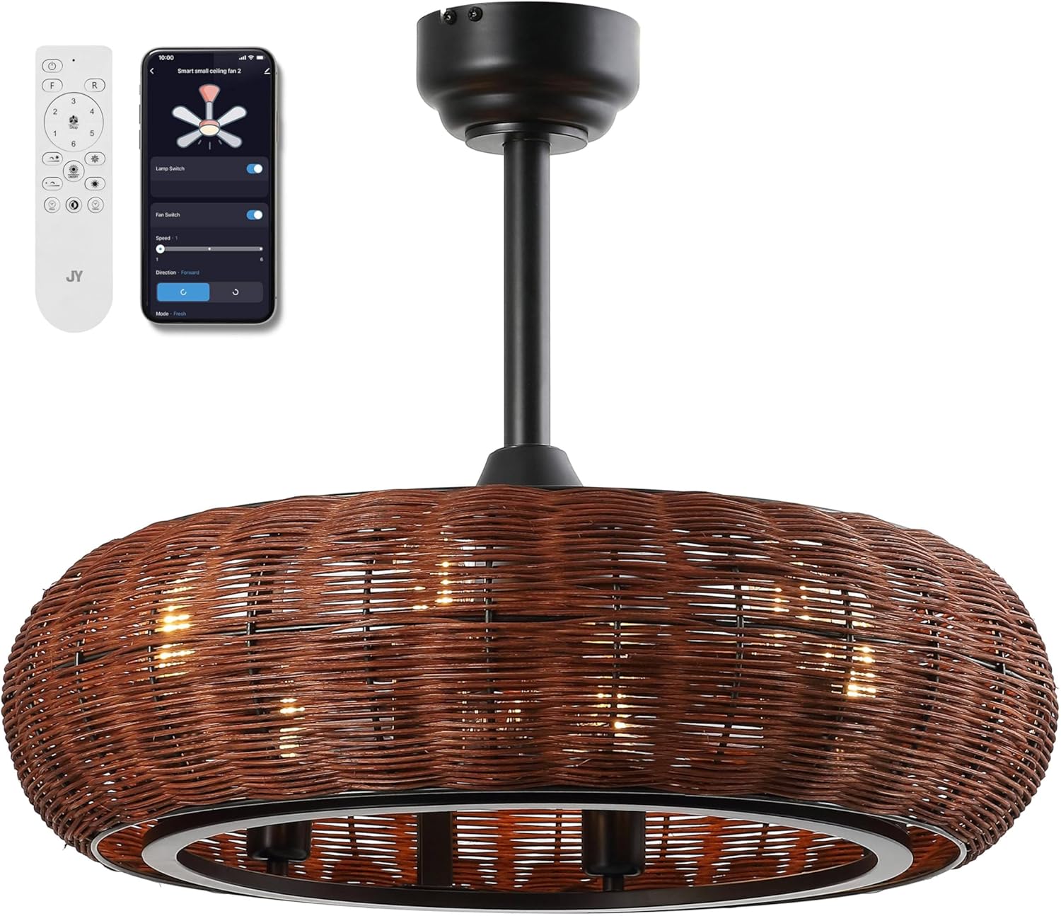 JONATHAN Y 23" Black 6-Light Modern Bohemian Ceiling Fan with Lights, 6-Speed Remote and App Control, Height Adjustable LED Lantern with Dark Brown Rattan Shade for Living Room JYL9728A