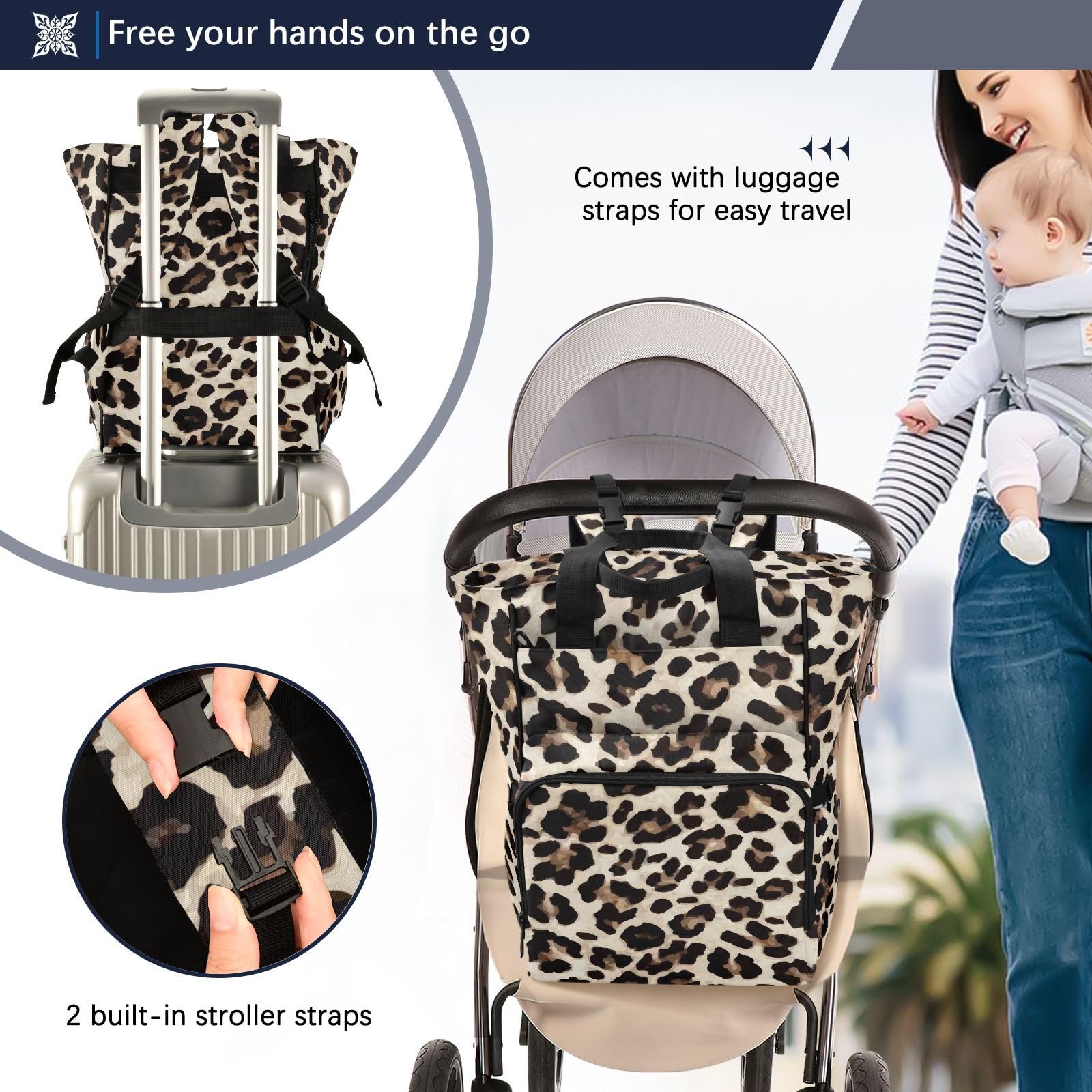 Gelber Leoparden-Tier-Geparden-Muster, Wickeltasche, Rucksack für Damen und Herren, großer Laptop-Rucksack, Reiserucksack, Tagesrucksack, Lunchtasche mit isolierten Taschen, Kinderwagengurten,