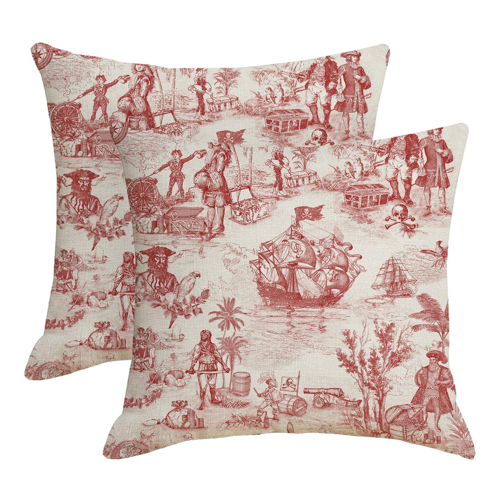 LOHDALOLF Red Toile Cushion Covers 45x45 cm Set of 2 Rustic Pirate Cushion Cases Nautical Skulls Sailboat Decorative Pillow Covers for Sofa Couch