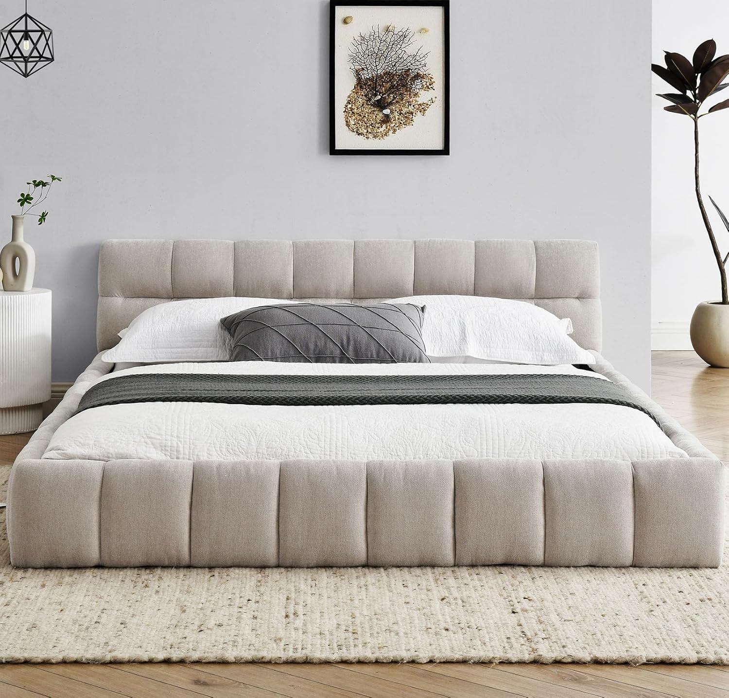 Soft Bed Frame Queen Size, Modern Cloud Floor Bed Frame Queen with Soft Headboard, Grounded Chenille Upholstered Platform Bedframe, No Box Spring Needed, Easy Assembly (Beige)