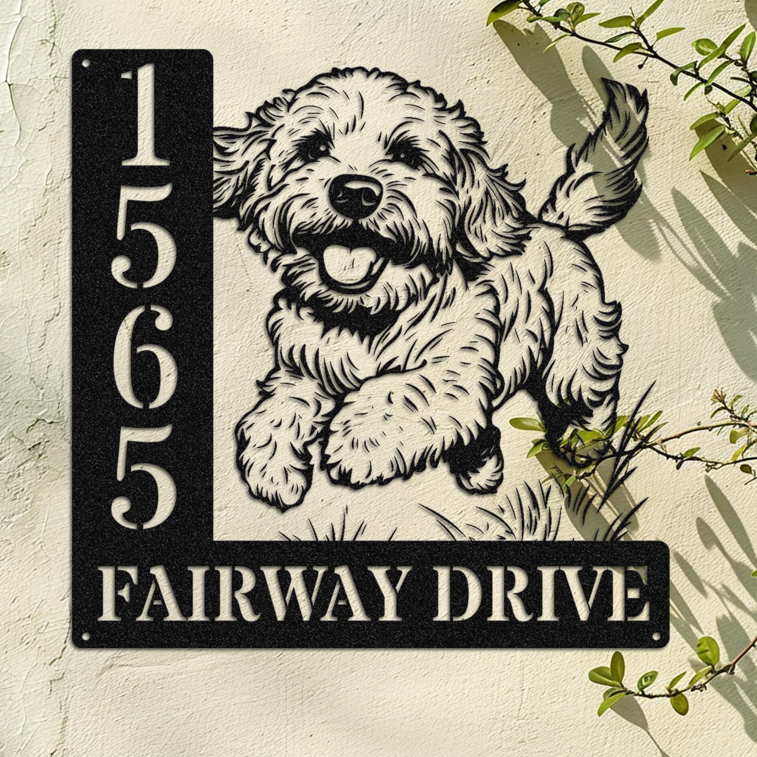 Personalized Goldendoodle Dog Address Plaque, Custom Metal House Number Sign, Playful Goldendoodle Design, Outdoor Yard Decor for Dog Lovers (Goldendoodle)
