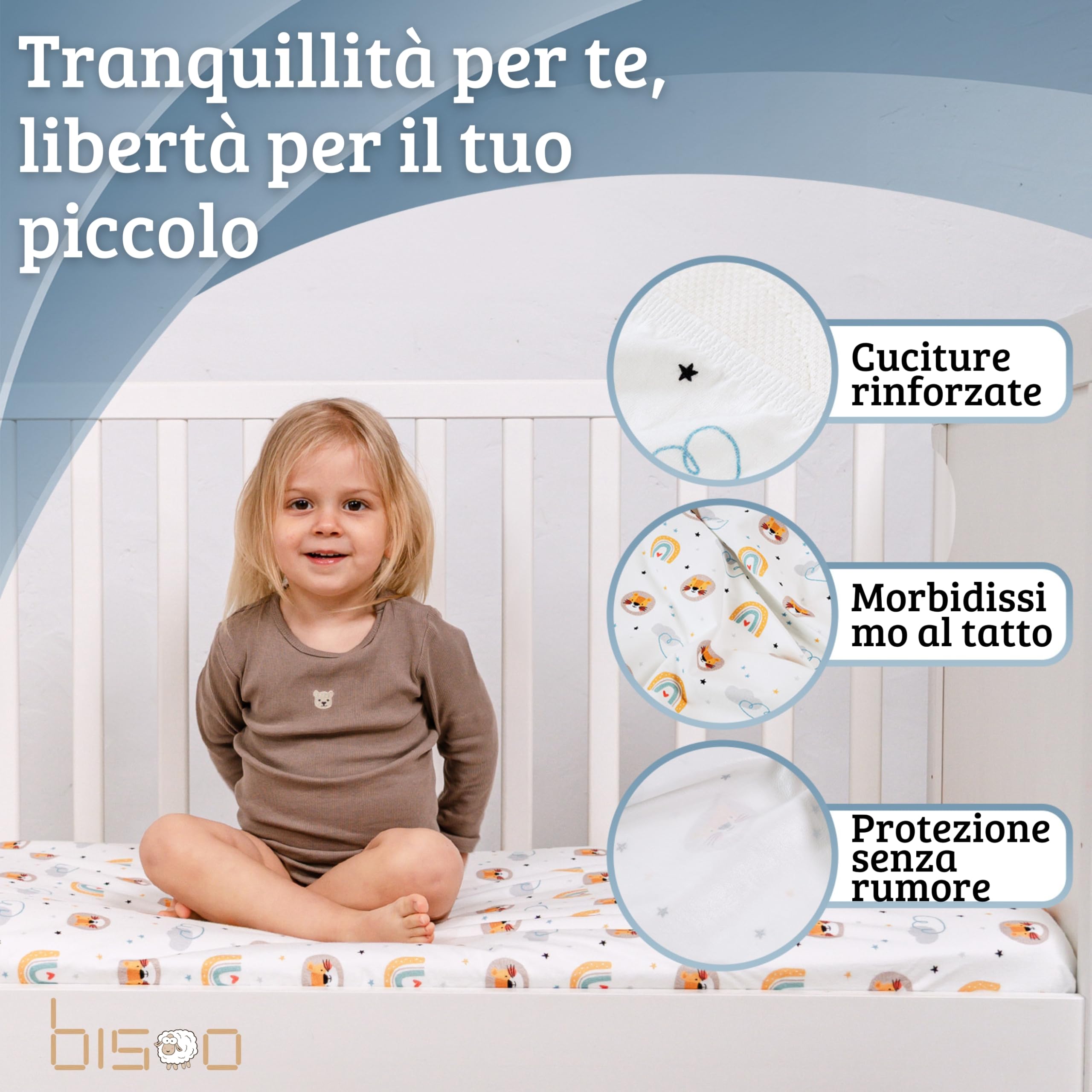 Bisoo Lenzuolo Magico 80x130 1 Leoni + 1 Righe Blu Lenzuolo con Angoli | 2 in 1, Risparmia il Coprimaterasso, Impermeabile, Traspirante, Morbido Cotone Jersey Oeko-Tex
