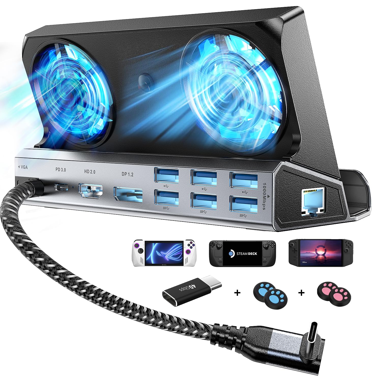 14-in-1 Steam Deck Docking Stationfor Steam Deck/Rog Ally/Switch/Legion Go Dual Cooling Fans 4K@60Hz,1080P 6 USB Ports,1000Mbps, 100W Type C Charing,