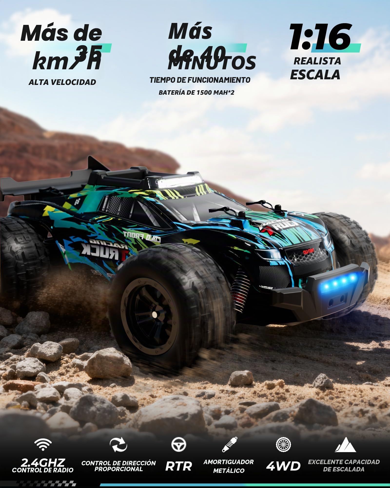 Kiztoys® Coche Teledirigido, Monster Truck RC de 2,4 GHz, Escala 1:16, Tracción en Las Cuatro Ruedas Proporcional, 35+ km/h, Todoterreno, RC Truggy RTR, Apto para Niños y Niñas
