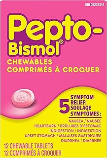 Pepto Bismol Chewable Tablets for nausea, heartburn, Indigestion, Upset Stomach, and Diarrhea Rlf, Orgnl Flavor 12 count