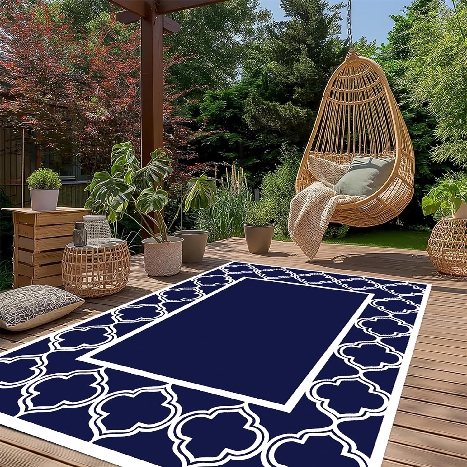 Wodoodporny Dywanik na Zewnątrz do Dekoracji na Patio,150x240cm Składany Odwracalny Dywanik z Plastikowej Słomy na Kemping,Tarasu,Werandy,Piknik,Plażę,Balkon,Kolorze Niebiesko-Białym