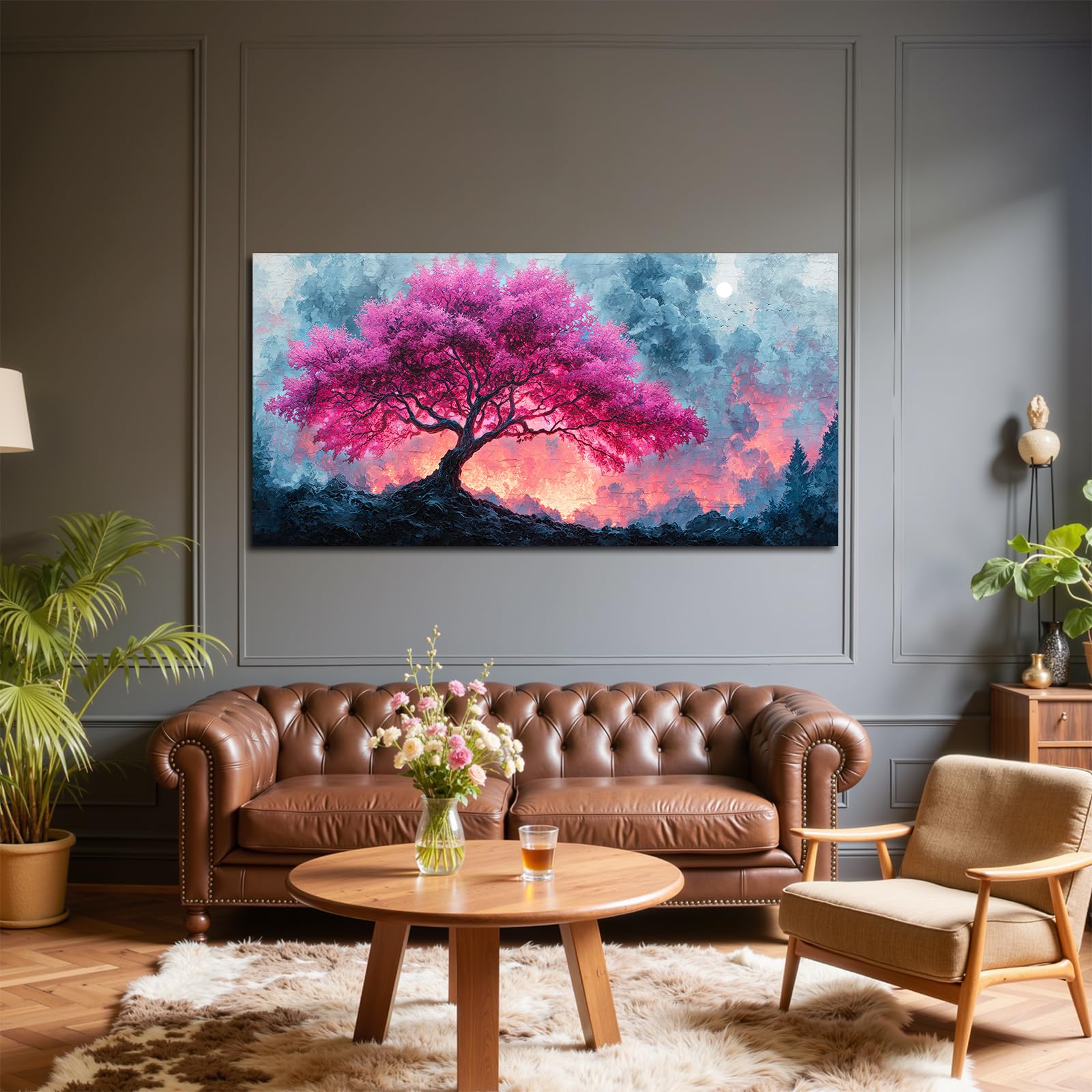 SERIMINO Quadro Moderno Albero Della Vita Vintage Piante 73x146 cm | Albero Rosa, Stampa HD, Tela Densa, Telaio Legno Massello, Install Facile, Usi Vari, Regalo