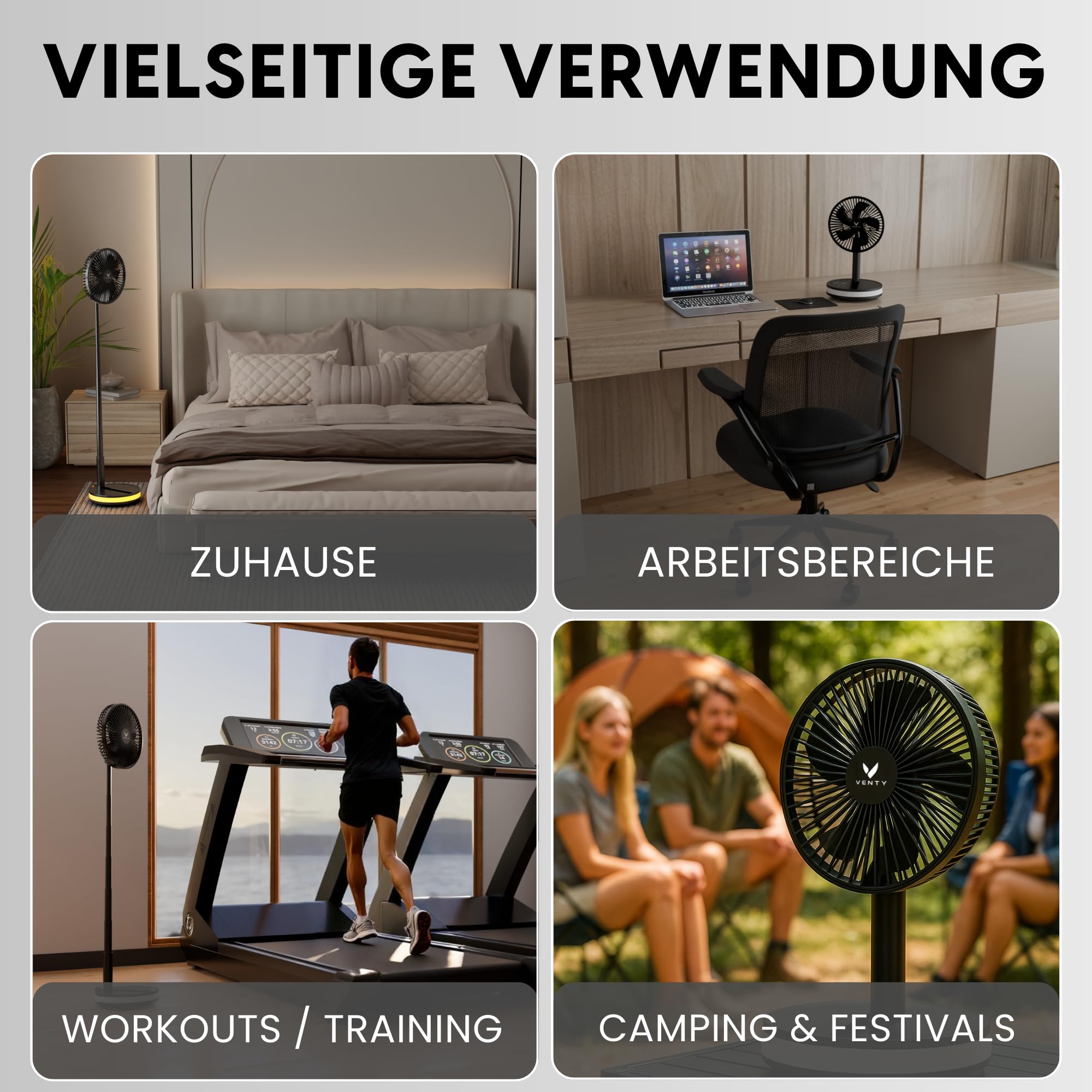 VENTY Tragbarer Ventilator - Faltbarer Ventilator Akku mit Transporttasche, Ladeanschluss und USB-Anschluss - 4 Geschwindigkeiten, Kompakt, Verstellbar - Mit LED Licht und Fernbedienung - Portable Fan