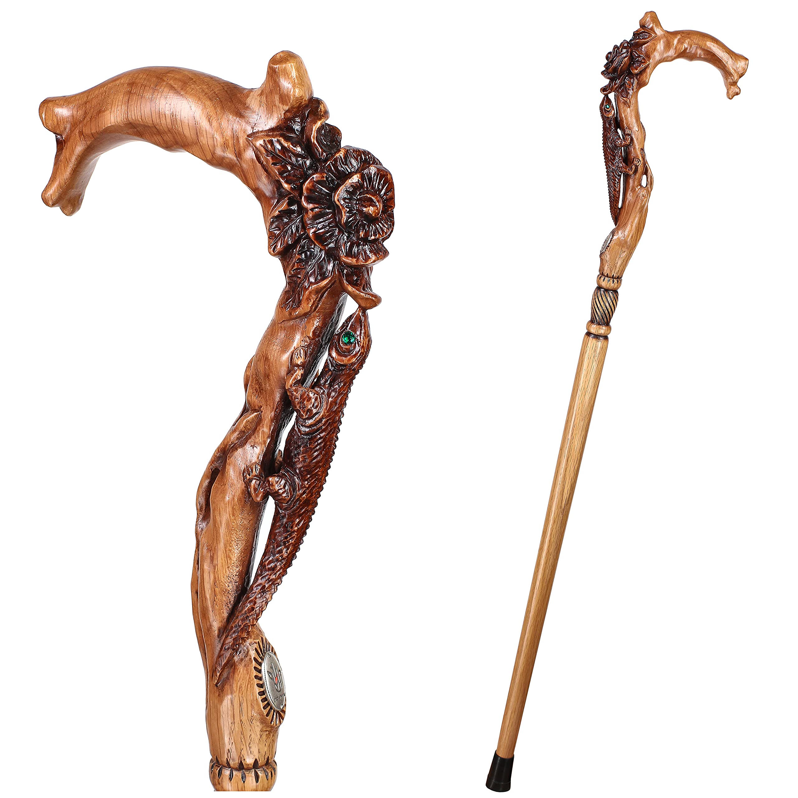 Elegant Light Wooden Walking Stick Cane for Women Ladies Carved Flowers & Lizard Comfortable Handle Fashionable Designer Brown product thumbnail 2