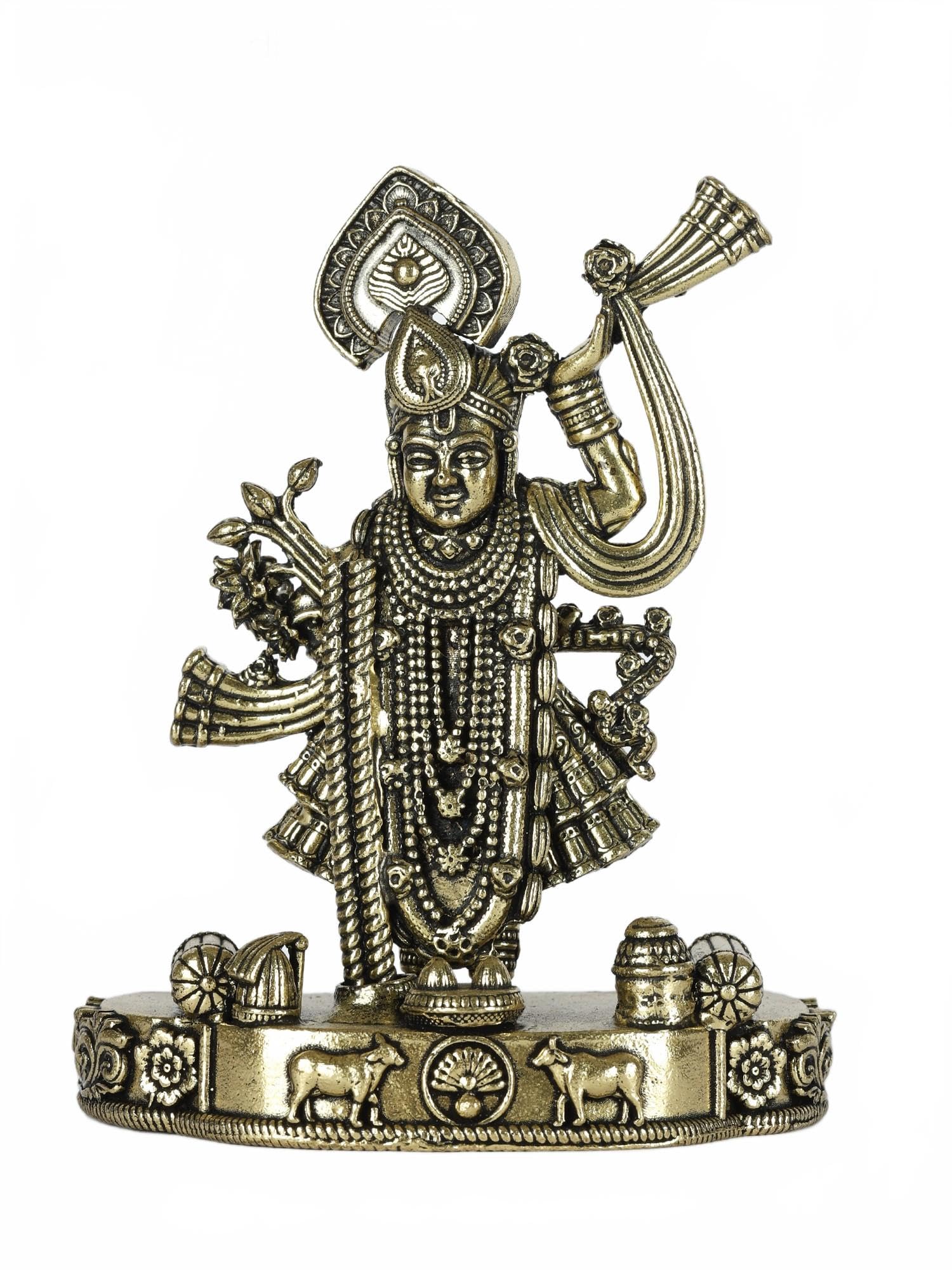 Exotic India 4" Small Superfine Lord Shrinath Ji Brass Statue Miniature Krishna Figurine Govardhannath for Pooja Home Décor