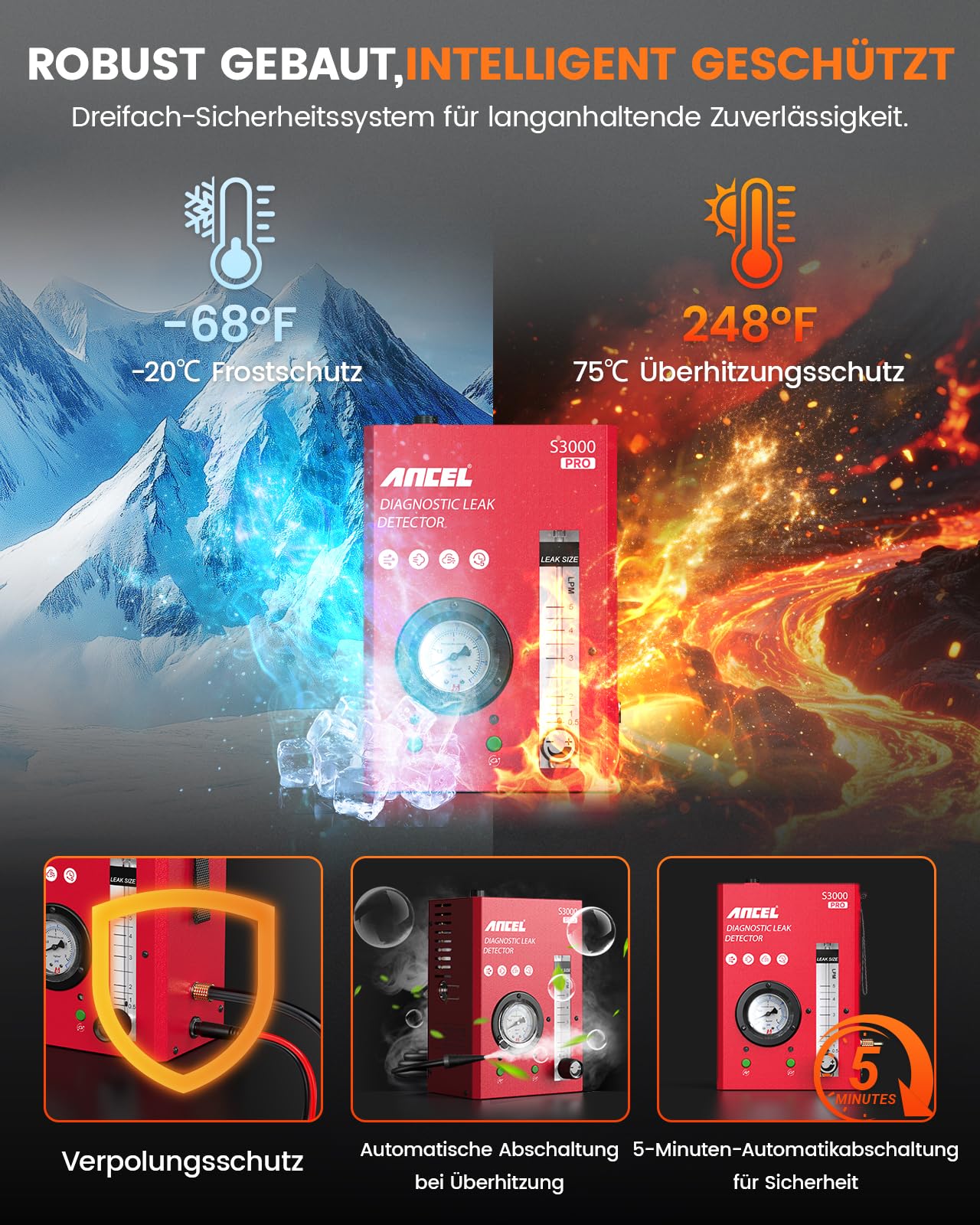 ANCEL S3000PRO KFZ Nebelmaschine mit eingebauter Luftpumpe und Manometer, Auto Rauchmaschine Lecksuchgerät mit Zwei Modi, Professionelle Smoke Leak Detector für Full Autos System Lecks Test