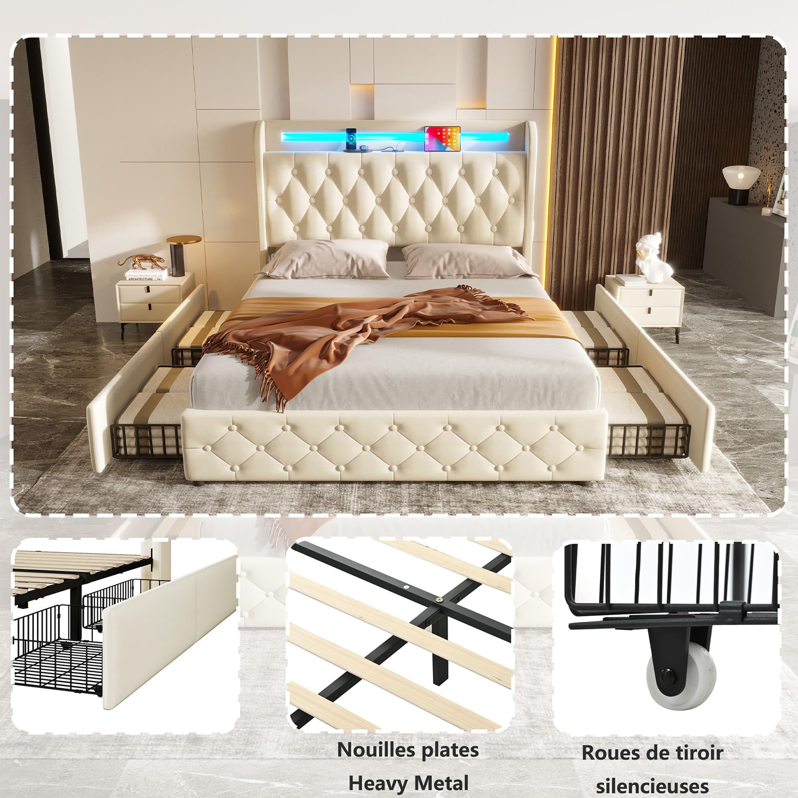 Lit 160x200 Sommier avec Grand Tiroir et Système Hydraulique, Cadre en Velours Gris avec Lumières LED et Port USB, Lit Coffre Design Moderne pour Rangement Efficace et Décoration Chic de Chambre