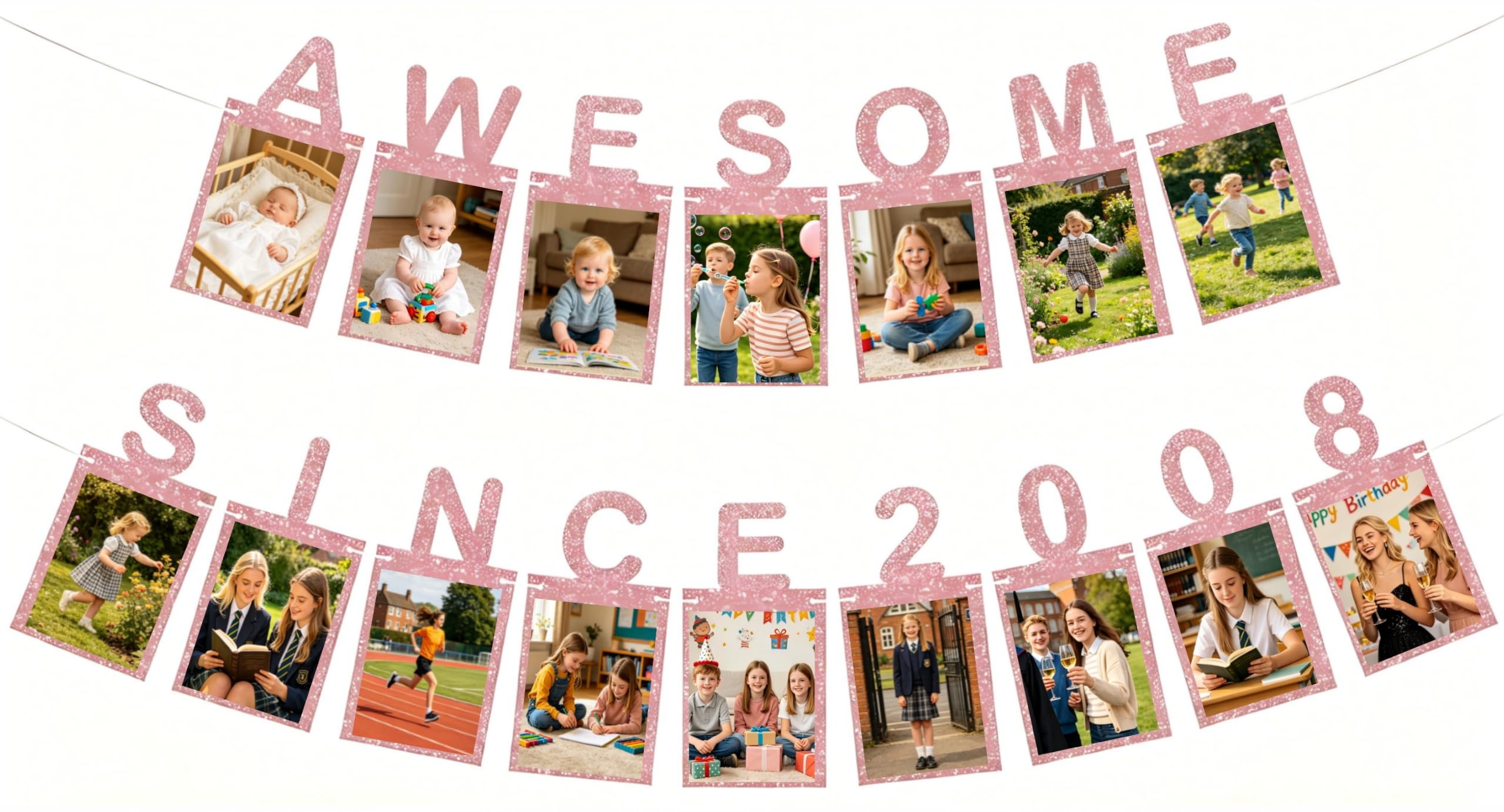 Rose Gold Happy 18th Birthday Decorations Photo Banner - Awesome Since 2008 Anniversary Milestone Bunting