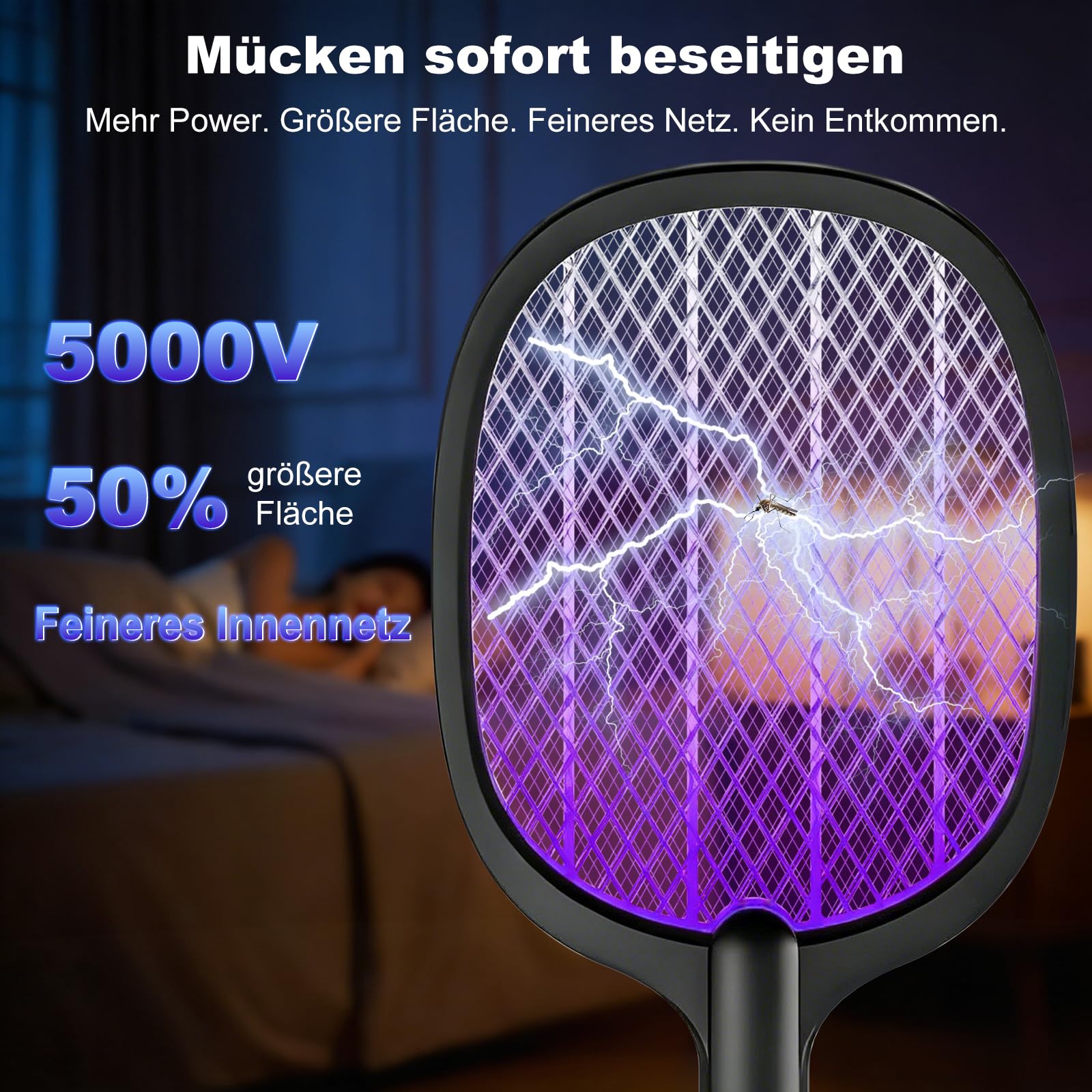 Scacciamosche elettrico, extra forte, con base di ricarica USB C, 2 in 1, per zanzare, mosche, api, tarme 2 CV, nero