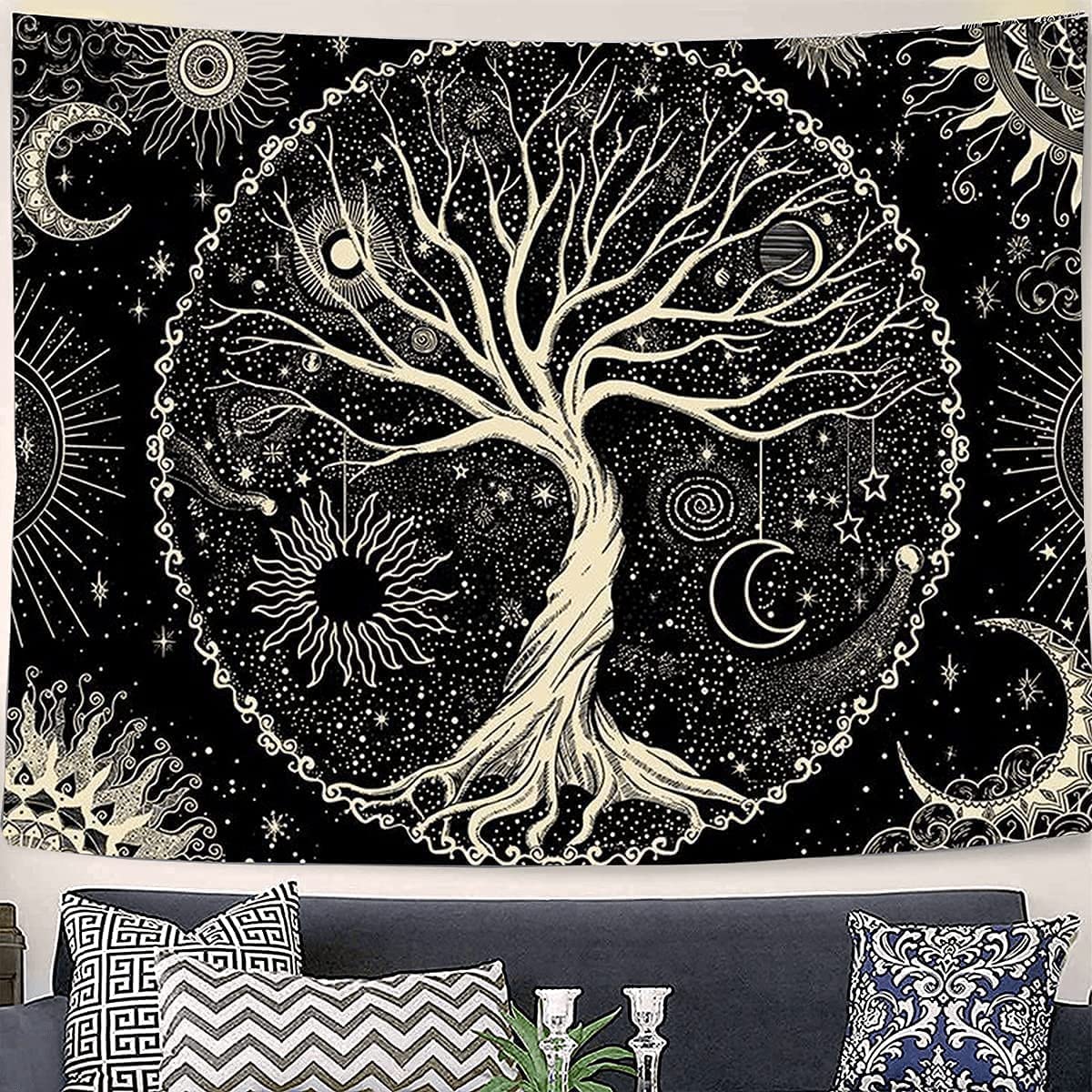Arawat Tapestry Tree of Life Tapestry Black White Tapestry Moon Sun Tapestry Wall Decor Psychedelic Rug Gothic Tapestry Trippy Tapestry Wall Cloth Wall Hanging Wall Decor (150 x 130cm)