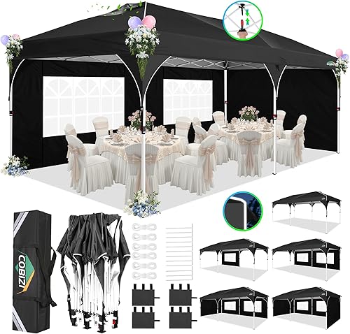 Miniatura 8 de COBIZI Toldo desplegable de 10 x 20 tienda de campaña con tecnología patentada de bloqueo central, instalación rápida, reflectantes y paredes