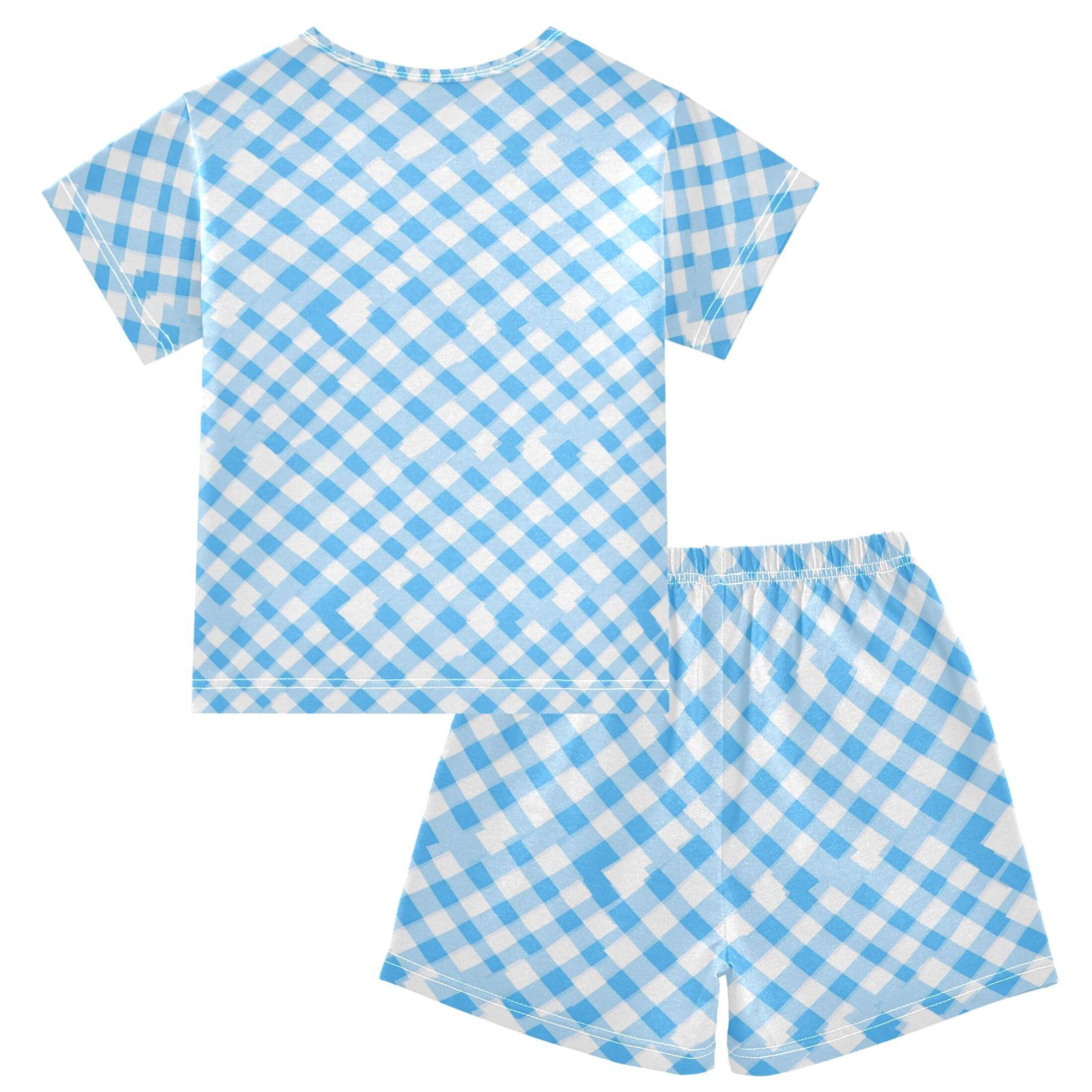 UMIRIKO Blue Buffalo Check Plaid Summer Short Sleeve Pajamas Sleepwear PJ Set B0403544