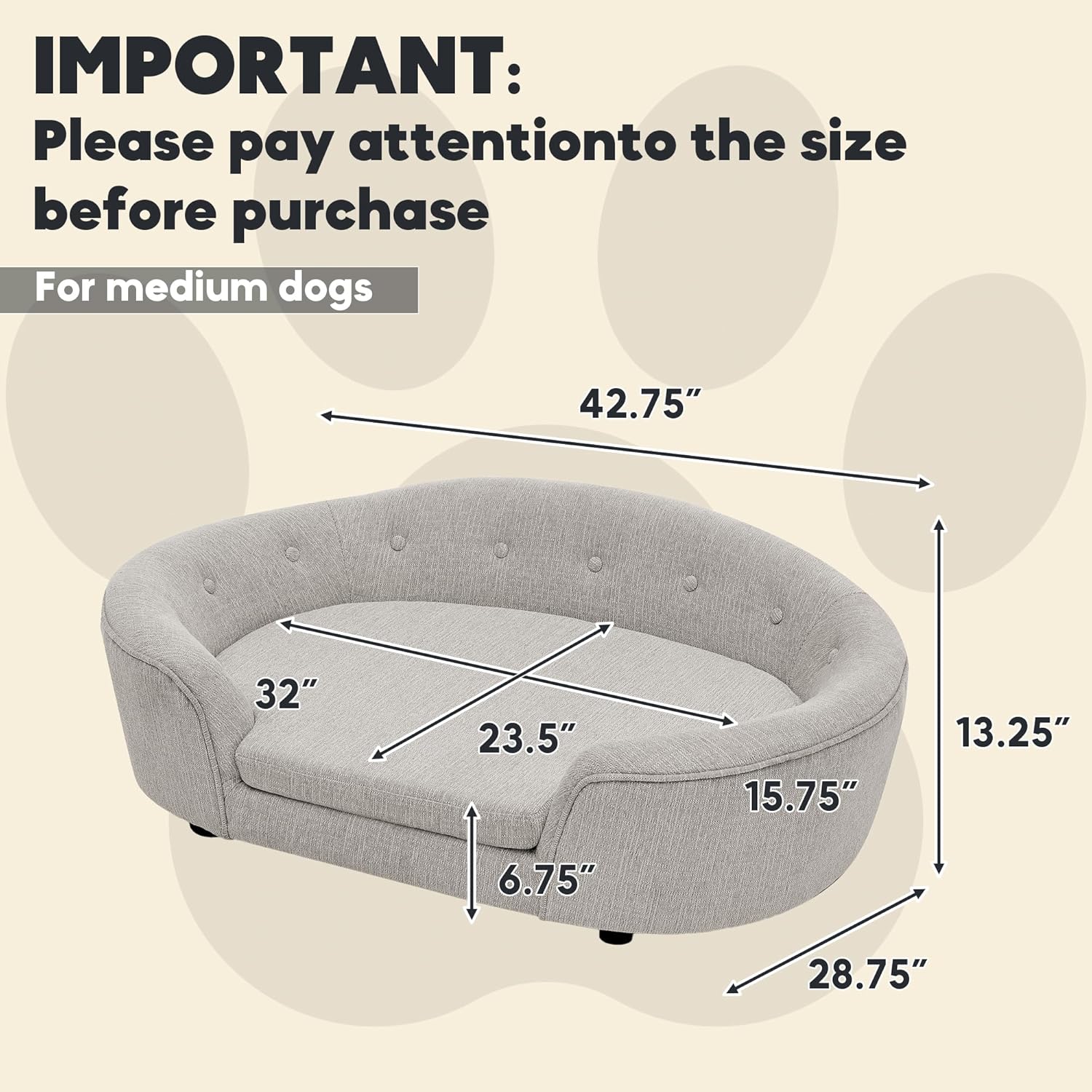 Dog Couch Bed with Oval Semi-Enclosed, Durable Linen Material Pet Sofa with Soft Foam Cushion, Dog Sofa Bed with Legs for Medium Dogs, Beige