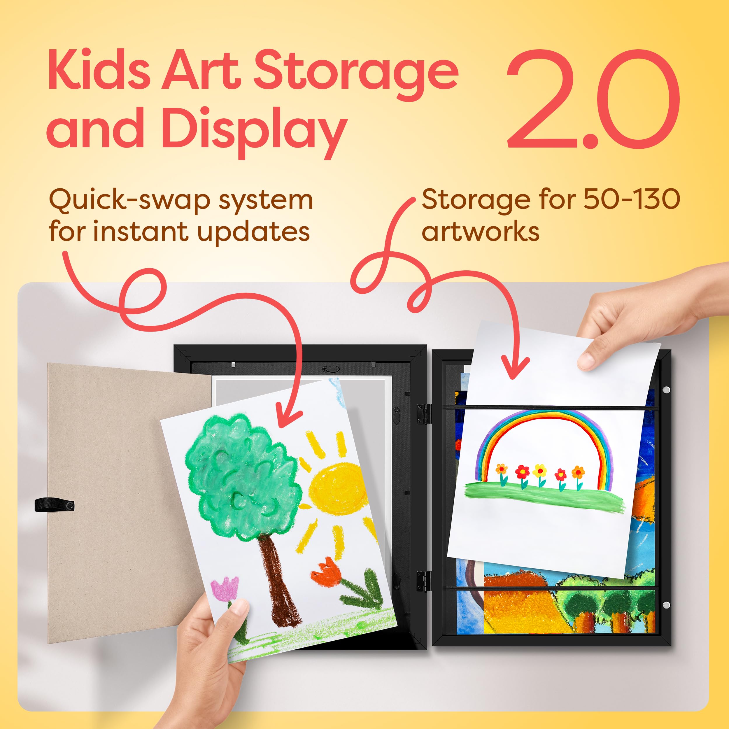 JOYSPECTIVE® Kids Artwork Frames Changeable | No-Drill Frame for Kids Drawings Display & Storage Crafts | Holds 130+ Children Art Projects | Easy & Quick-Swap Changeable Display Frame for Kids Artwork [Black]