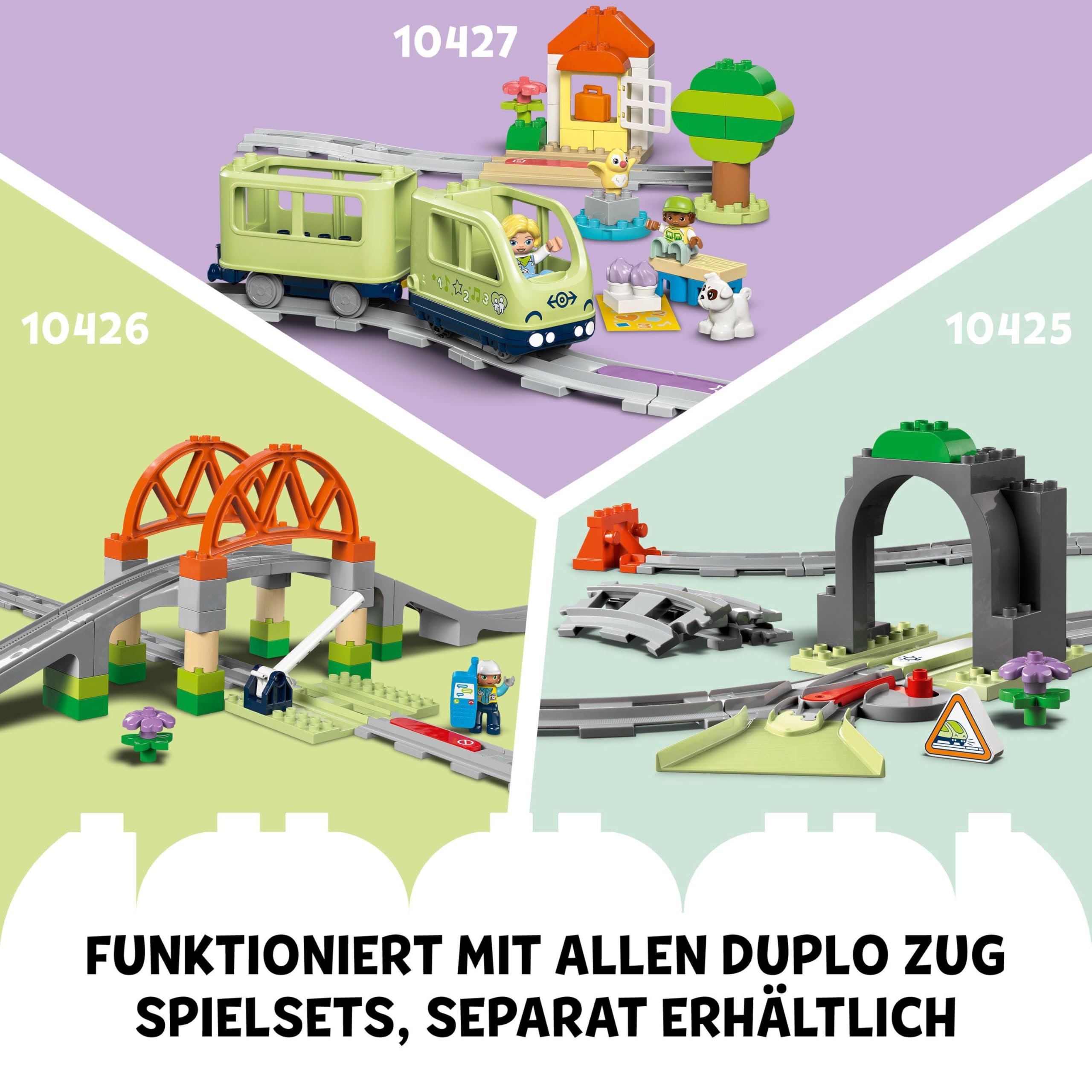 LEGO DUPLO Interaktive Abenteuer-Eisenbahn - Lernspielzeug für Kleinkinder ab 2 Jahren – 14 Gleisstücke, Aktionssteine mit Geräuschen und 4 Spielfiguren – Geschenkidee für Jungen & Mädchen - 10427