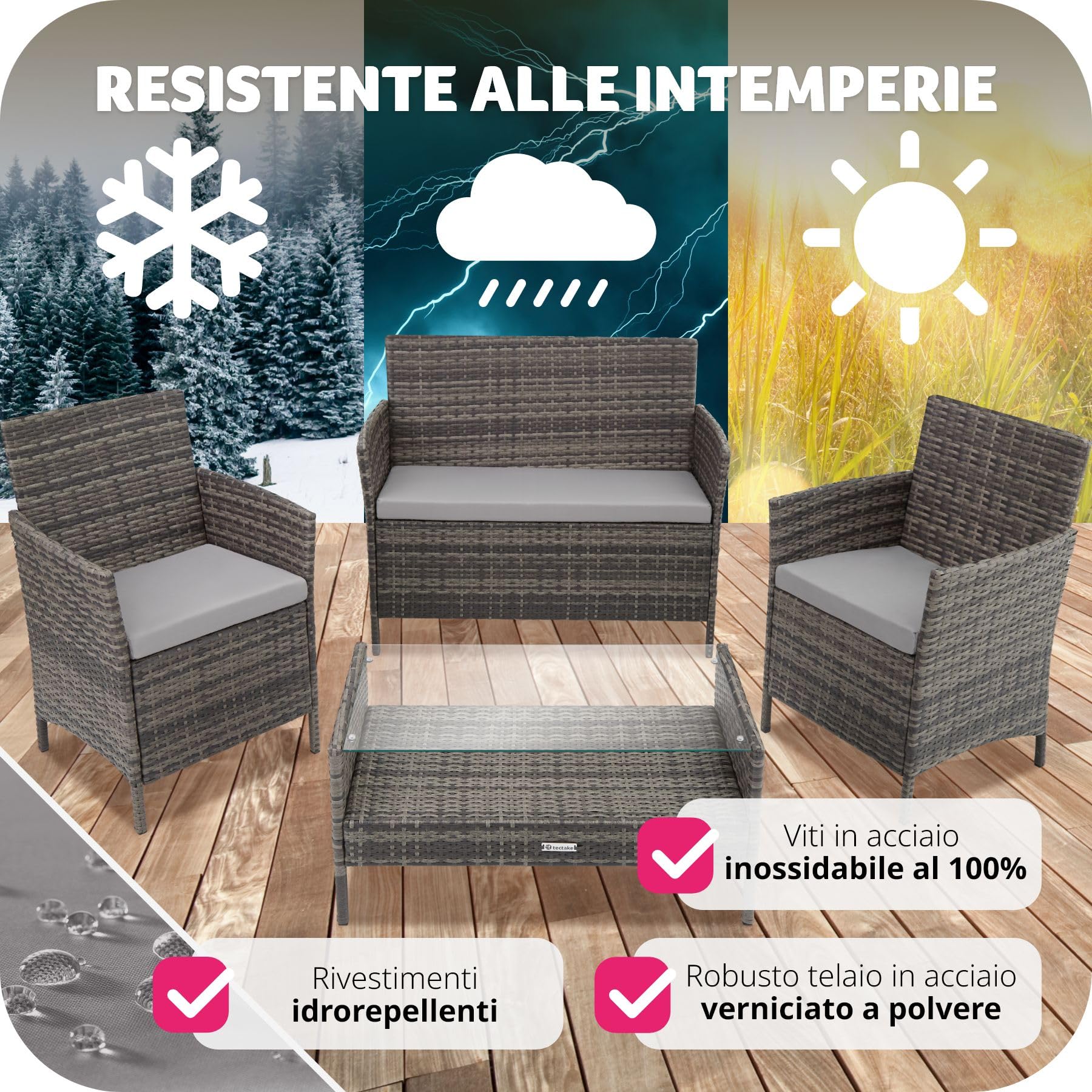 Tectake Set Mobili da Giardino in Polyrattan con Tavolino Vetro, Panca e Sedie con Cuscini - Grigio