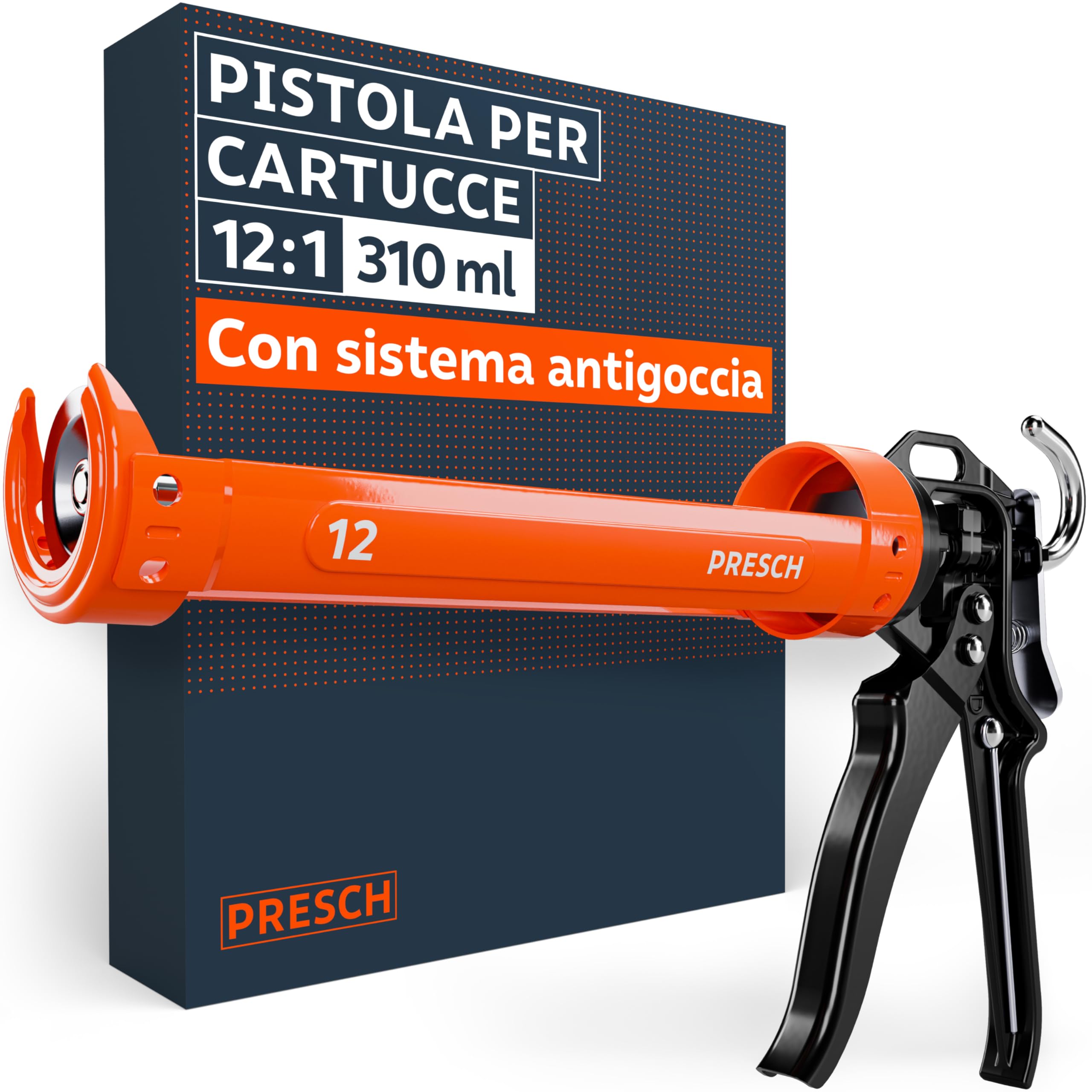 Presch Pistola Silicone 12:1 moltiplicazione & arresto goccia – Pistola per silicone per cartucce fino a 310 ml (bassa viscosità, acrilico) – Girevole 360° incl. ago di perforazione