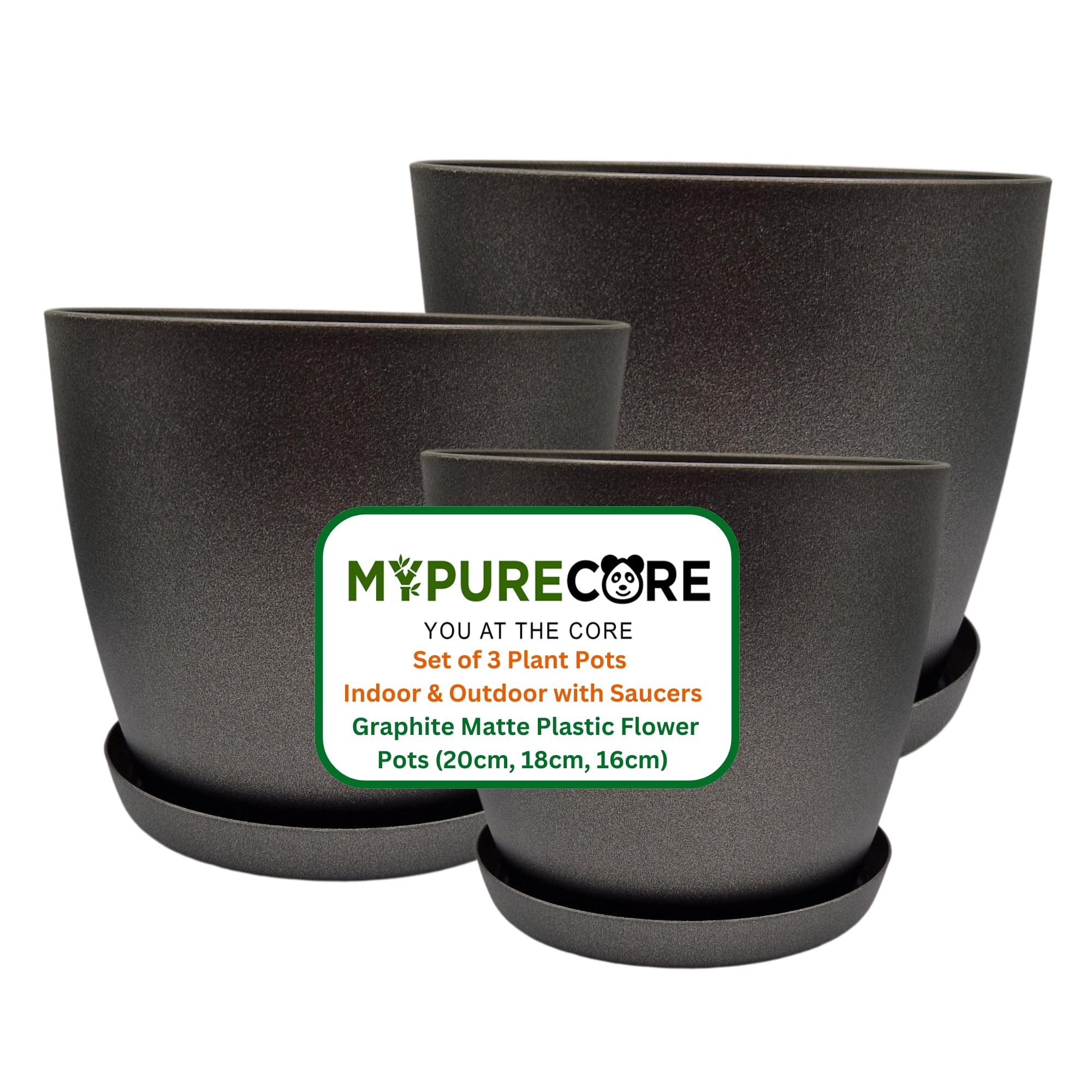 MYPURECORE Set of 3 Plant Pots Indoor with Saucers – Matte Plastic Flower Pots (20cm, 18cm, 16cm) – Durable Indoor & Outdoor Planters for House Plants, Herbs & Succulents, Black Graphite