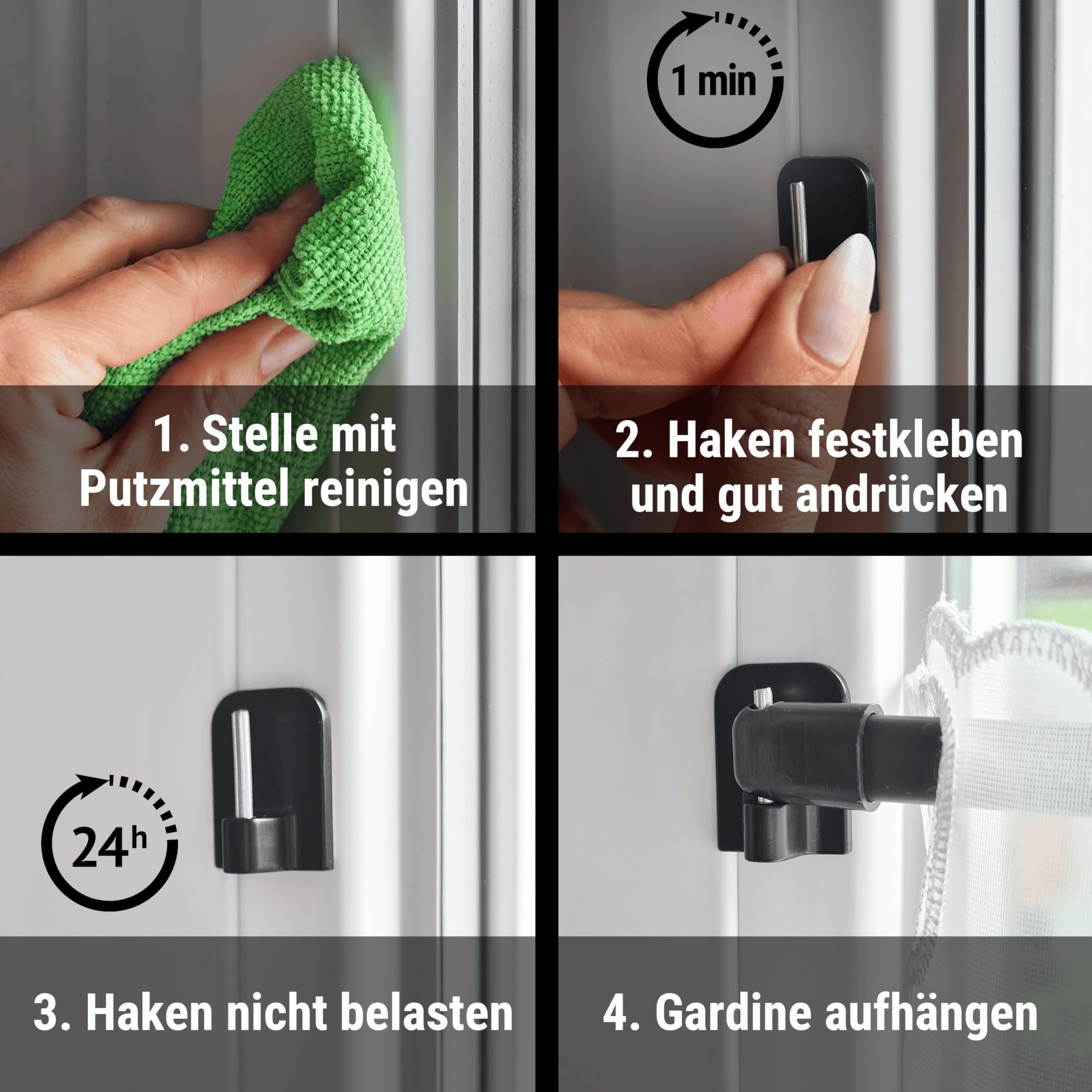 Rollina Klebehaken für Scheibengardinen (20 Stück) | Gardinenhaken für Gardinenstange ohne Bohren | Haken zum Einhängen | Fensterhaken, Gardinenhalter (20, Schwarz)