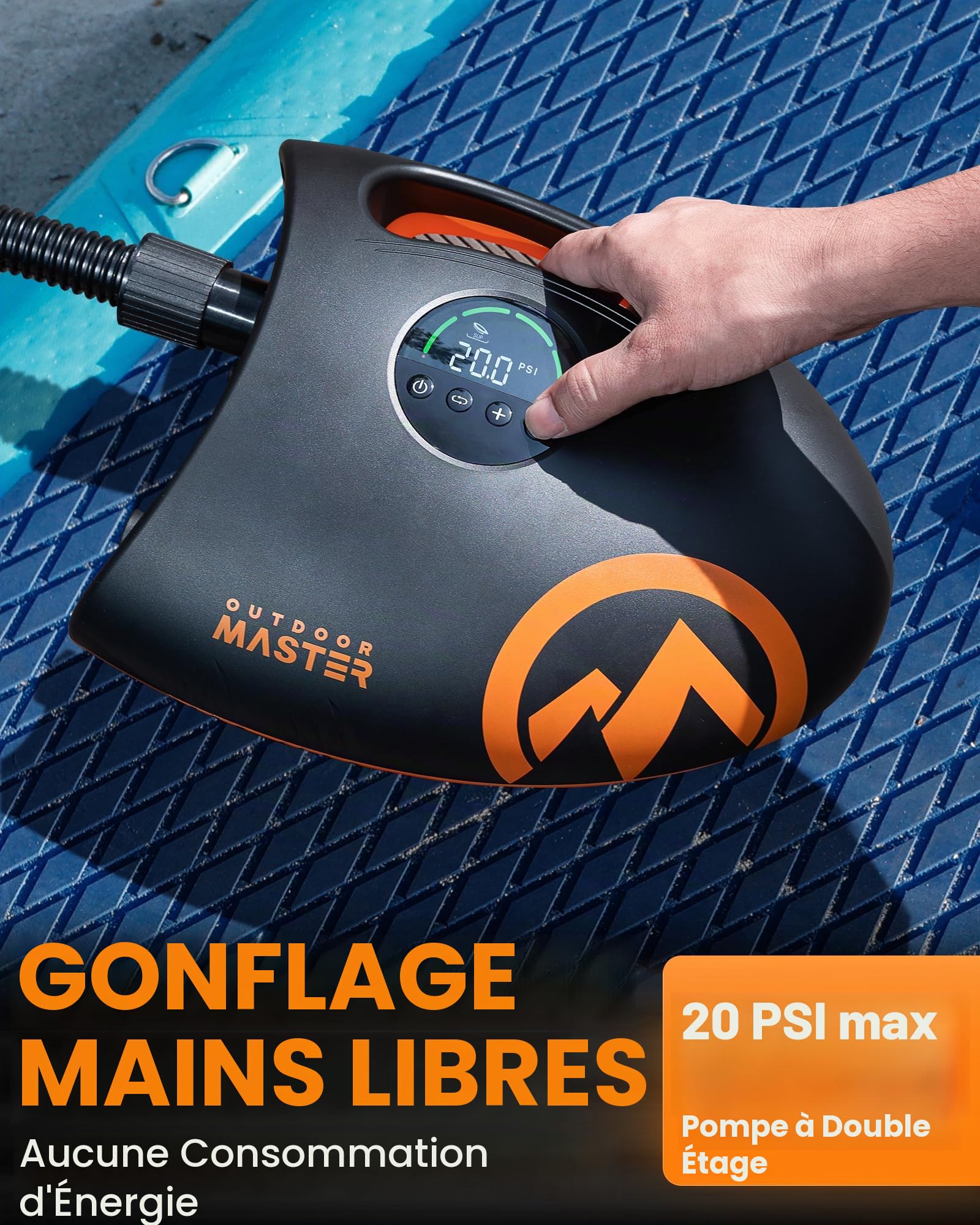 OutdoorMaster Shark 2S Pompe à air électrique rechargeable haute pression 88,8 Wh 20 PSI – Arrêt automatique et dégonflage, entrée 12 V CC et type C, pour planches à pagaie gonflables, bateaux