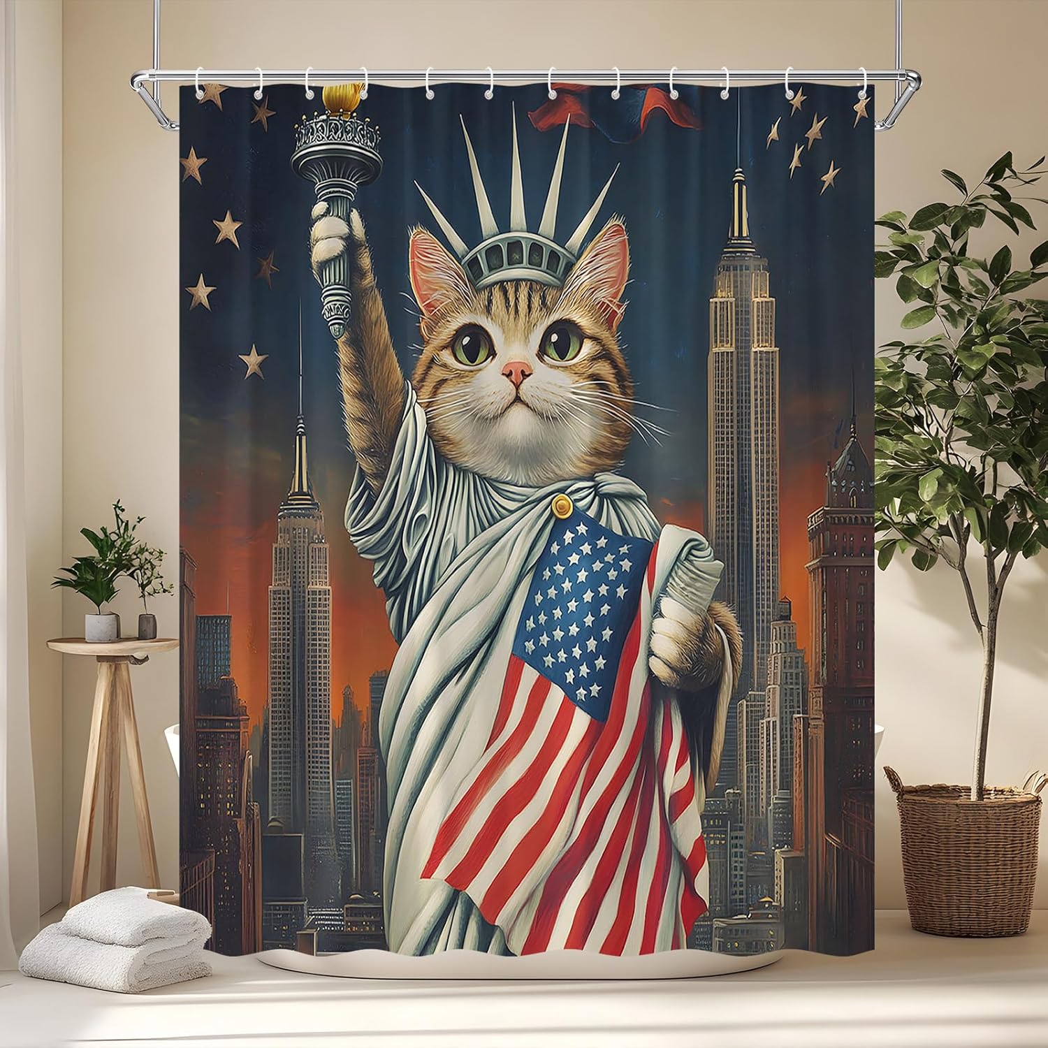 Independence Day Shower Curtain Funny Cat 4th of July American Flag Red Blue Stars and Stripes Patriots USA Cities at Night Vintage Fashion Fabric Bathroom Decor Set with Hooks