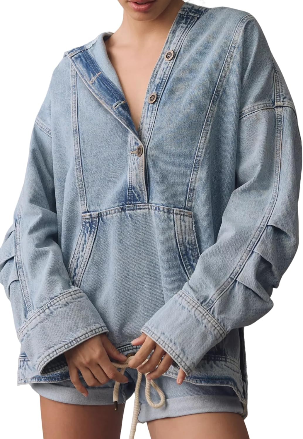 Kedera Women's Denim Hoodie Button Up Pullover Jacket Jean Oversized Sweatshirt Tops with Pocket