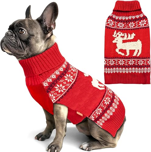 Miniatura 1 de KYEESE Suéter de Navidad para perros pequeños con agujero para la correa, reno, ropa de punto para perro, cuello alto, ropa de vacaciones, reno, M