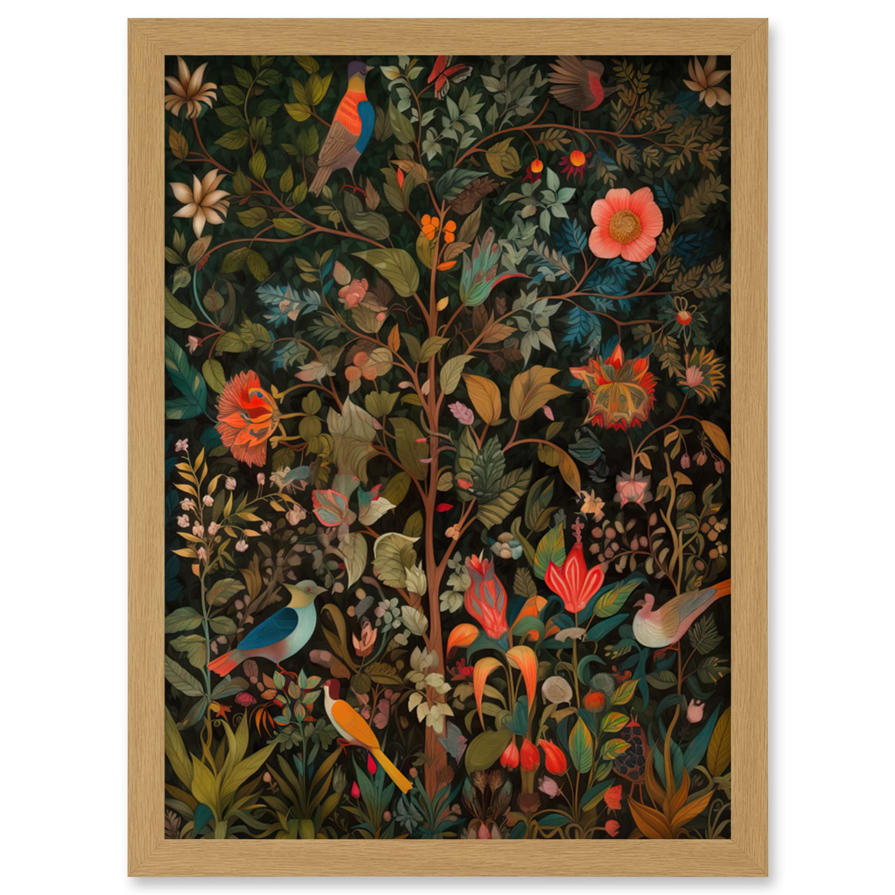 Artery8 Birds on Blooming Trees in Spring Modern Folk Art Artwork Framed Wall Art Print A4