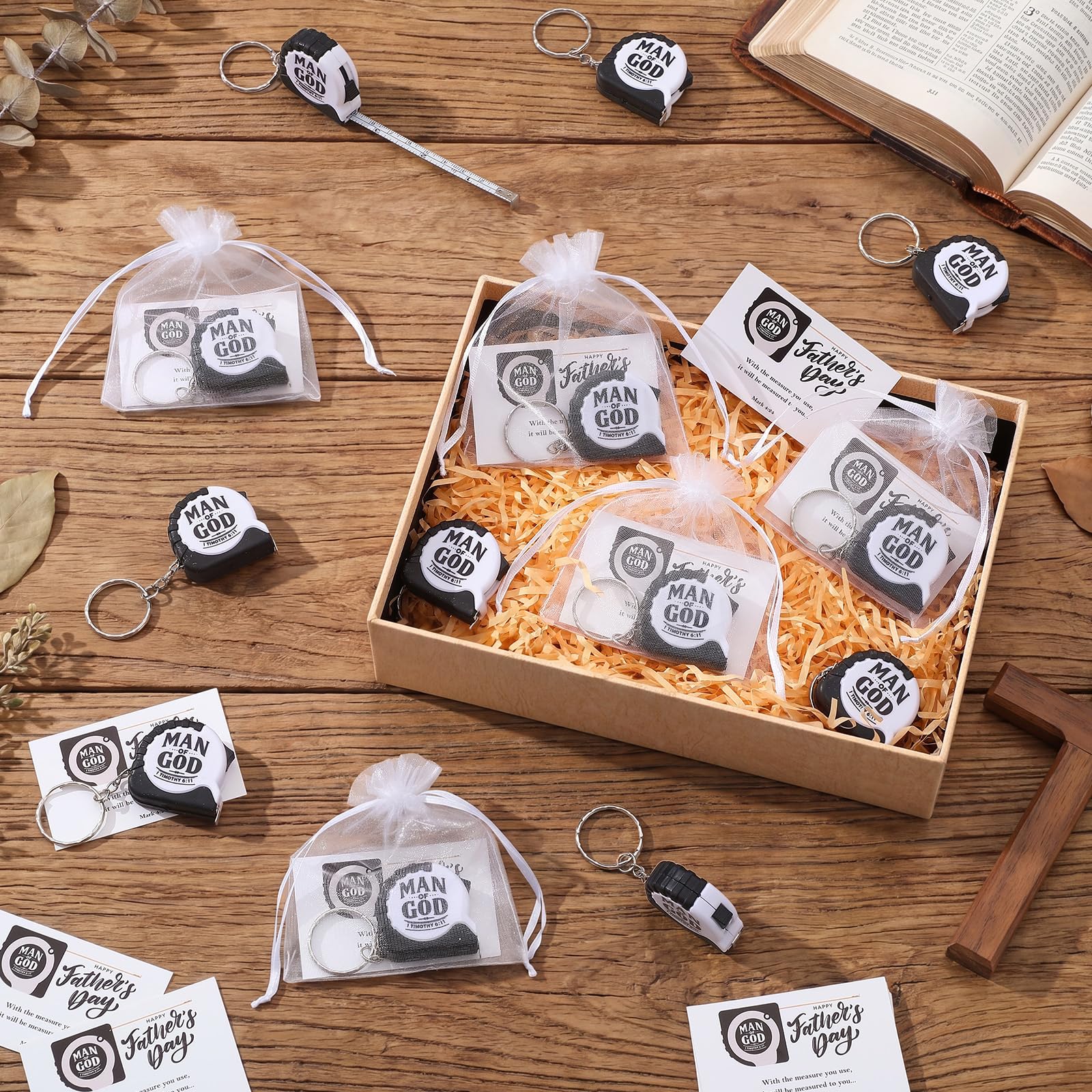 80 Sets Mann Gottes Geschenke Vatertag Mini Maßband Schlüsselanhänger Christian Einziehbares Maßband Taschengröße Messung mit religiösen Karten Taschen für Papa Kirche Pastor Pate