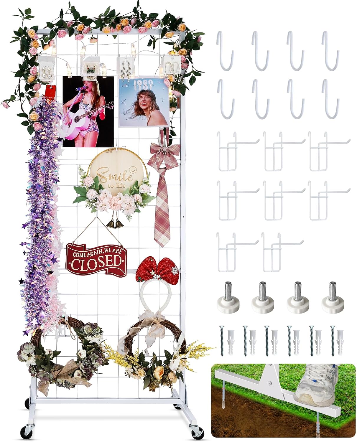 Gridwall Panel Display Stand Rack- Heavy-Duty Movable Wire Gridwall Display Racks with Wheels and Feet, Floorstanding and Wall Mount Double Side Display Stand (Black) (White, 1 pc)