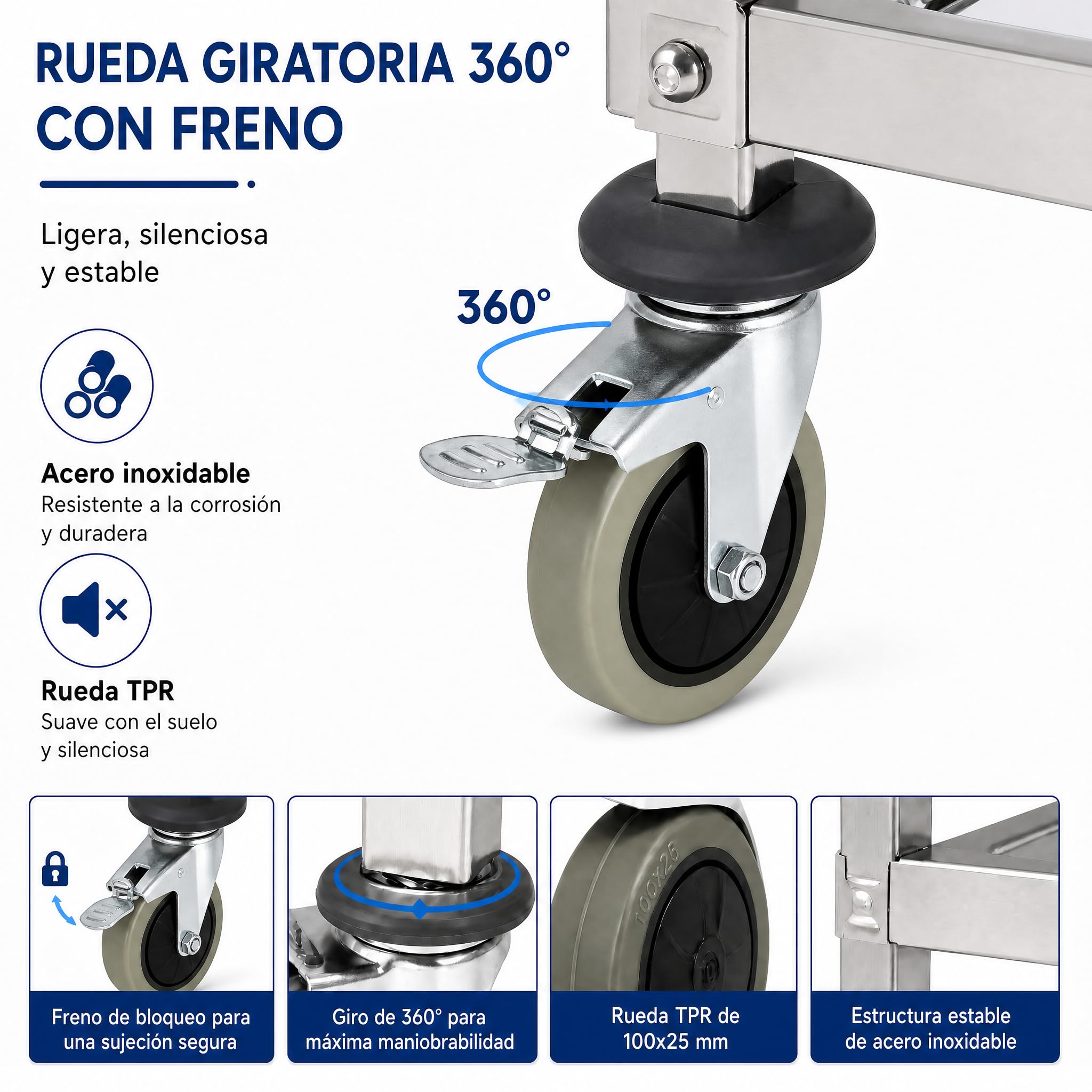 Carrito de Servicio Acero Inoxidable 3 Estantes, 4 Ruedas Giratorias (2 con Freno) (72x40x82 cm, 150 kg) – Carro de Cocina Multifuncional para Restaurante, Laboratorio, Hostelería