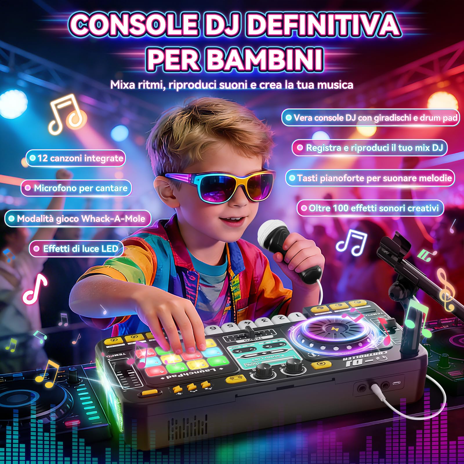 Console DJ per bambini, controller DJ, mixer DJ con funzione di registrazione, 100+ effetti sonori, giradischi DJ realistico e drum pads, regalo per bambini e bambine 3-11 anni, Nero