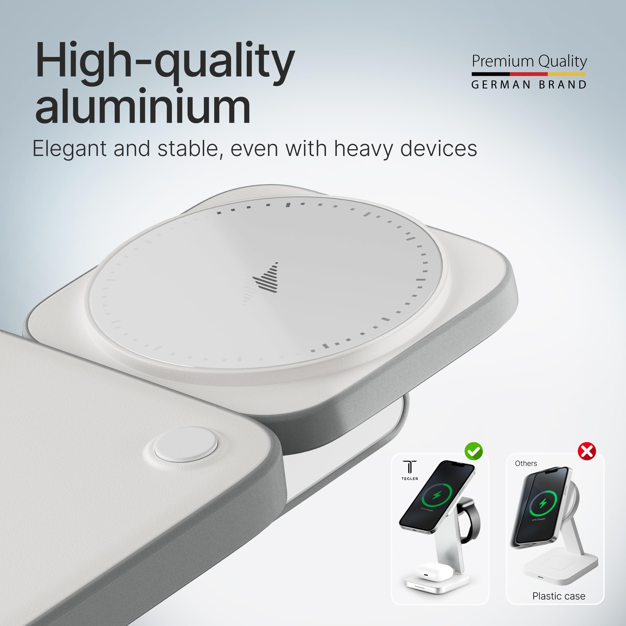 TEGLER Stazione di ricarica wireless 3 in 1 pieghevole in alluminio per smartphone, smartwatch e auricolari, con adattatore da 20W incluso