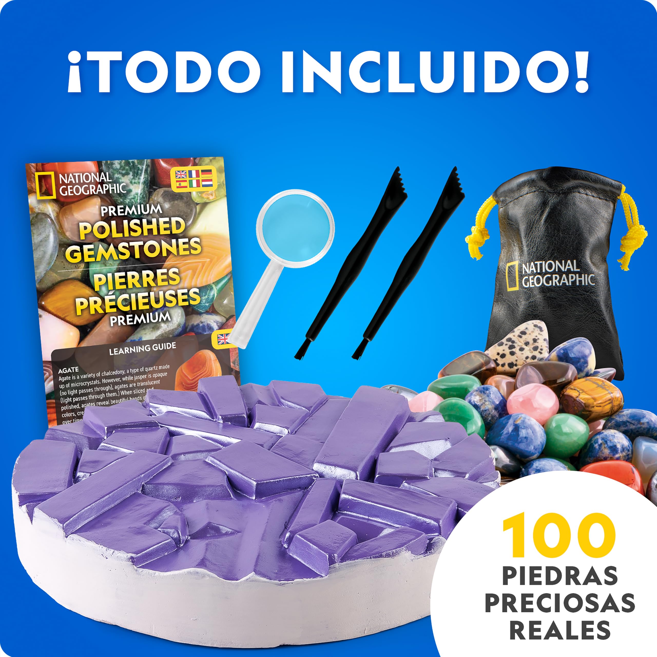 National Geographic Kit Gigante de Excavación de Gemas – Extrae 100 Gemas Reales de un Ladrillo Gigante, Juego de Geología para Niños, Actividad CTIM con Herramientas y Guía de Aprendizaje