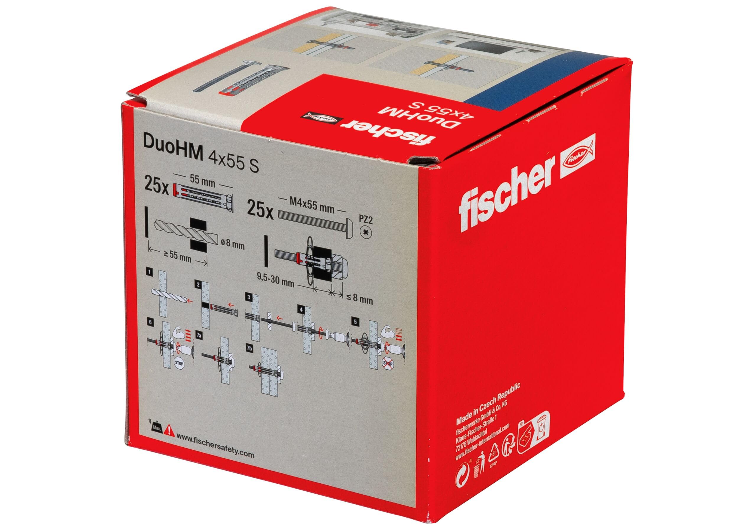 Fischer DuoHM Ø8 mm Vite a Croce POZI M4x55 mm, 25 Tasselli per Cartongesso Metallo e Nylon