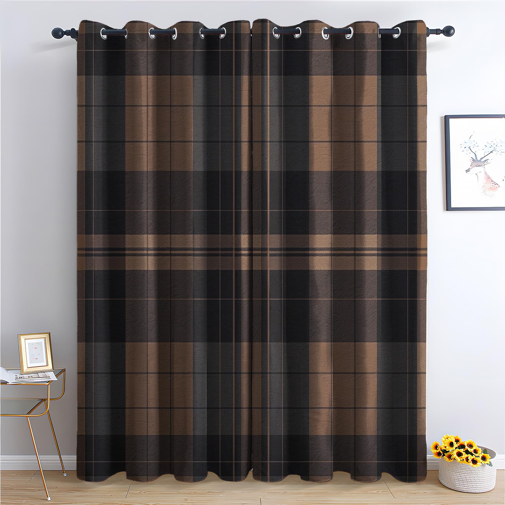 Rideau Occultant écossais, Rideaux Thermiques à Oeillets pour Chambre, Motif Vichy Rideaux Salon, Moderne Lot de 2 Décoration de Fenêtre pour Enfant Fille Garcon Rideaux 140x160cm LxH (Gi-&123)