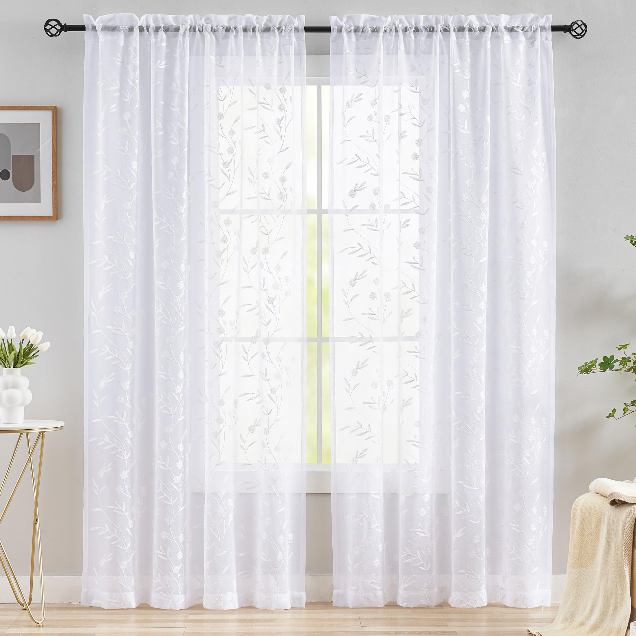 Cortinas traslúcidas bordadas blancas de 95 pulgadas, tratamiento de ventana con patrón floral, cortinas con bolsillo para barra para sala de estar, dormitorio, paneles de cortina de semi gasa para 3