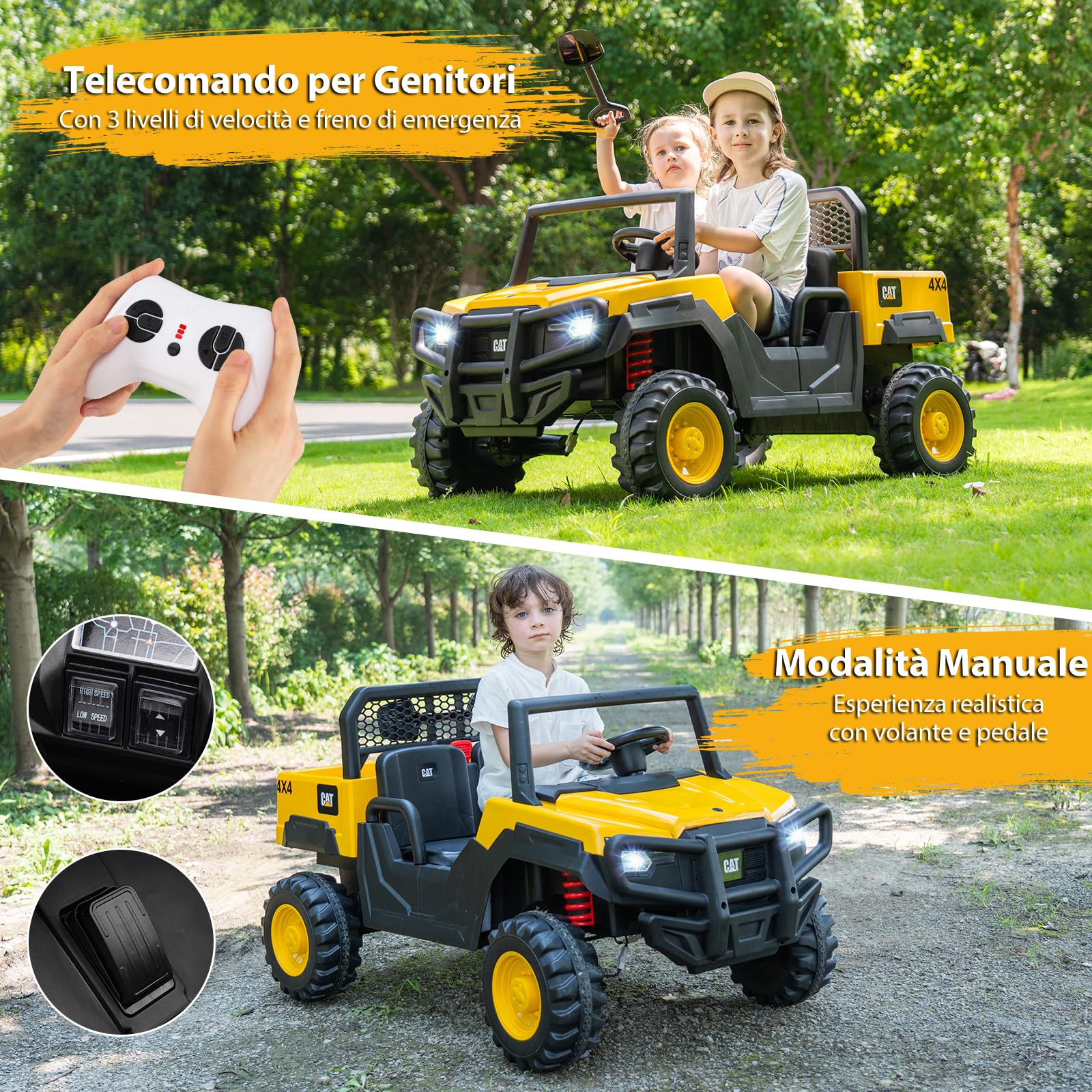COSTWAY Camion Ribaltabile Elettrico Caterpillar, 24V Macchina Eletrrica per Bambini a 2 Posti, con Telecomando 4 Motori Avvio Morbido e Sospensione a Molla, 3-8 Anni