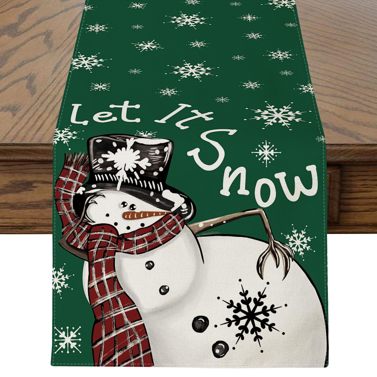 Sungeek Snowman Snowflake Green Christmas Table Runner, Let it Snow Xmas Seasonal Winter Holiday Farmhouse Kitchen Dining Table Decoration for Home Party 40x140 cm