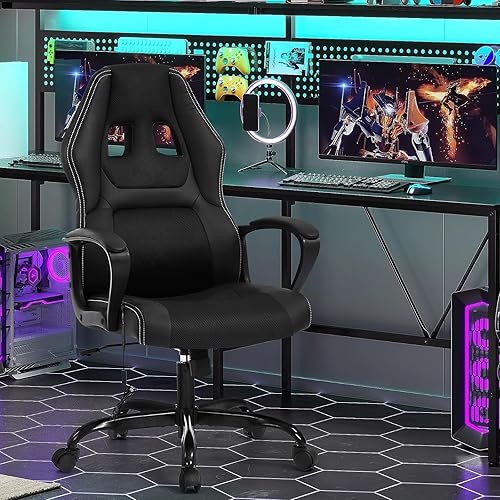 Vista 2 de Silla ergonómica para juegos de carreras, silla de oficina con soporte lumbar de masaje, reposacabezas y reposabrazos, respaldo alto, ajustable