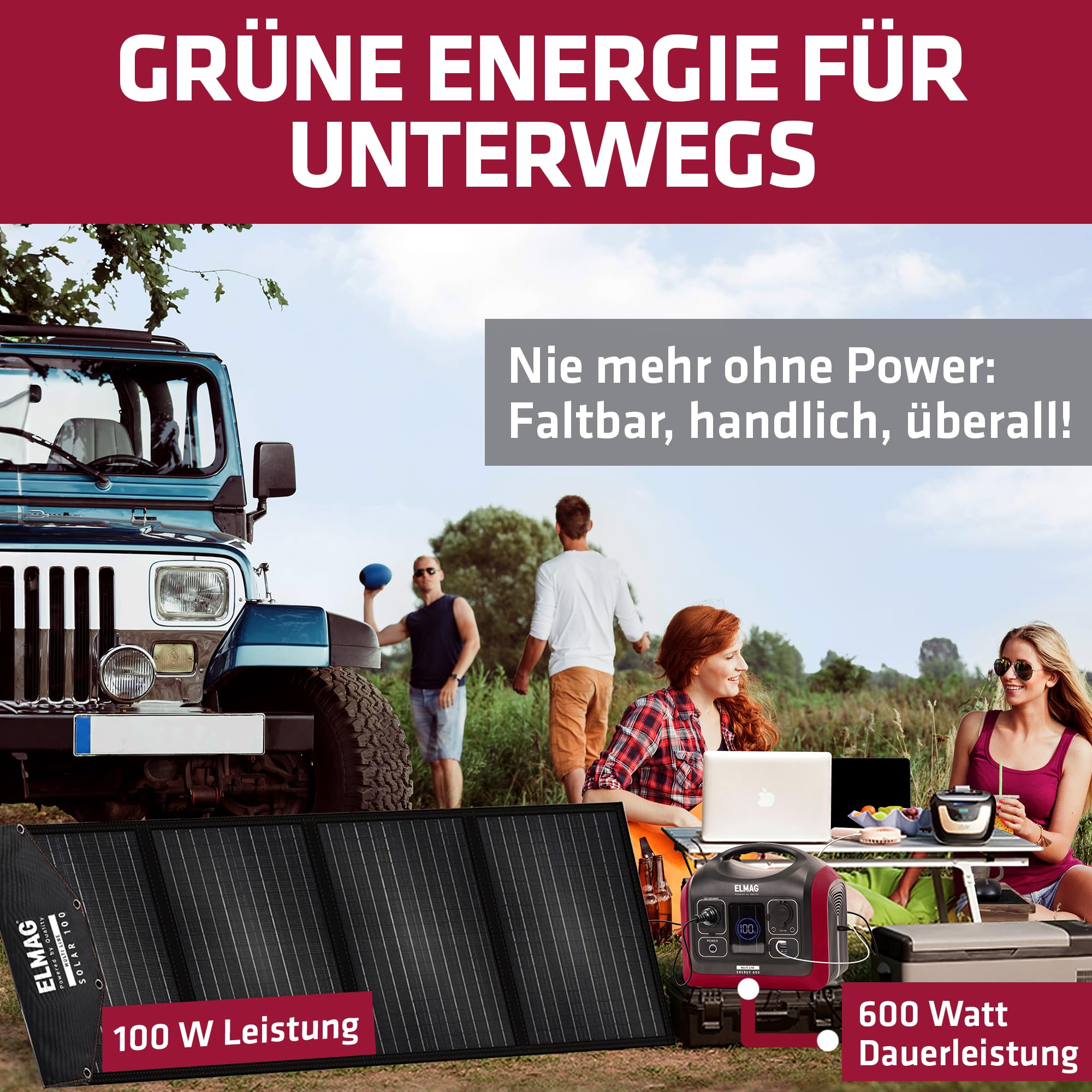 ELMAG Solargenerator-Set Energy 600 + SOLAR 100 595Wh tragbare Powerstation mit faltbarem 100Wp Solarpanel Stromspeicher mit LiFePO4 Akku & 230V AC/DC/USB Ausgabe Für Camping, Outdoor & Notstrom